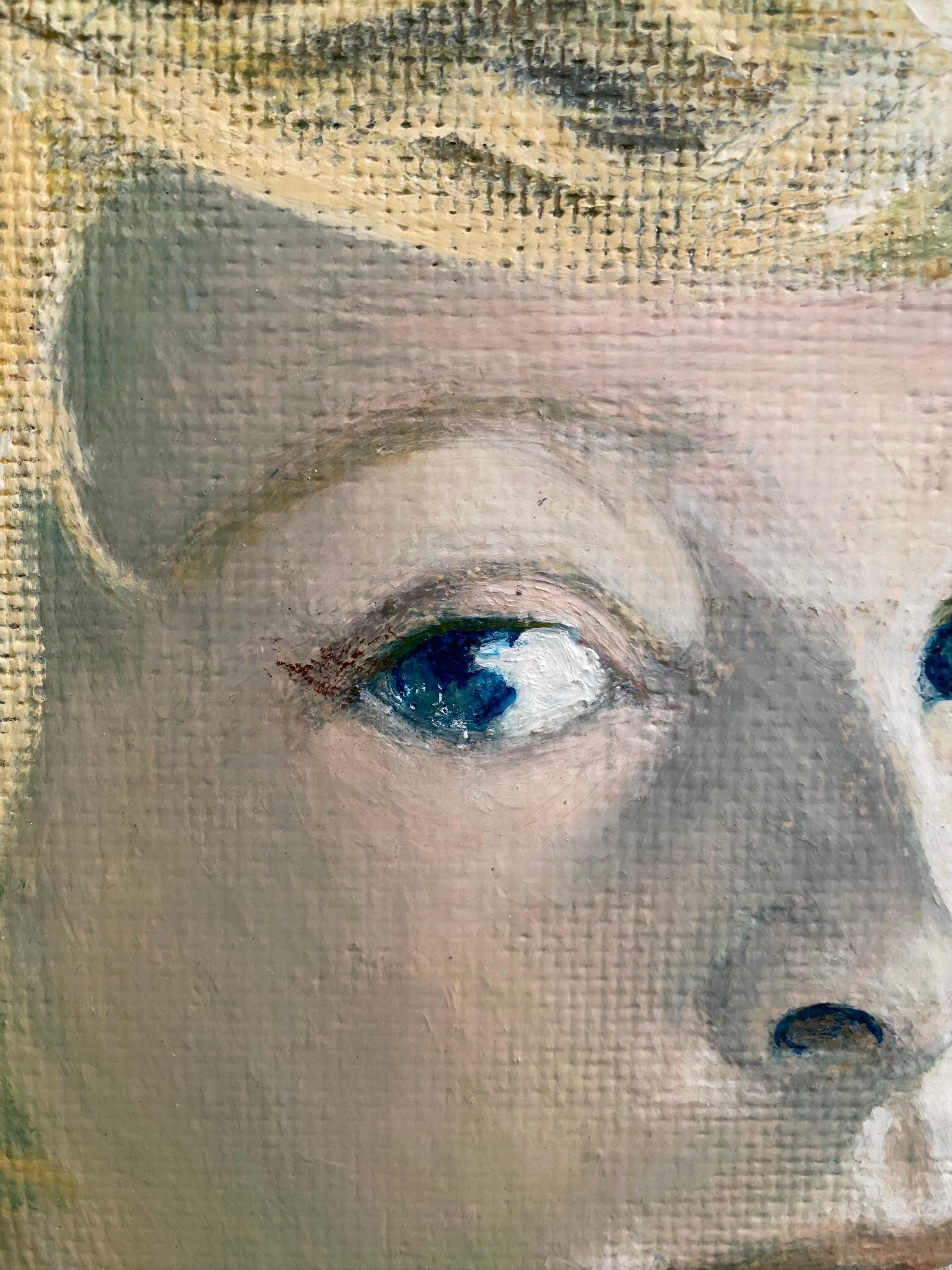 Hand-Painted Yellow and Blue Mid-century Portrait of a Young Woman, 1960s For Sale