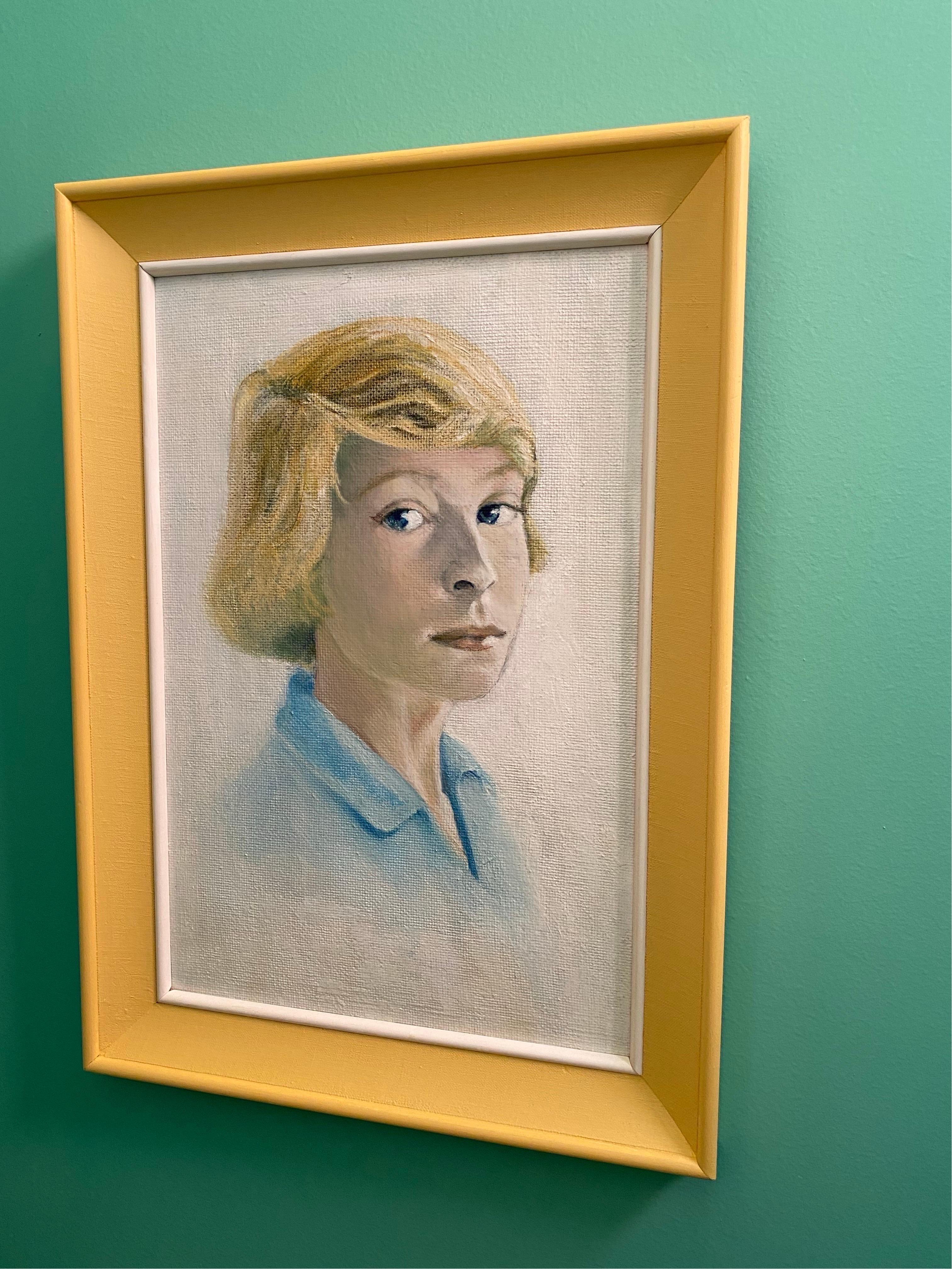Yellow and Blue Mid-century Portrait of a Young Woman, 1960s In Good Condition For Sale In Melbourne, AU