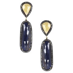 Yellow and Blue Pave Real Diamond Double Drop Earrings