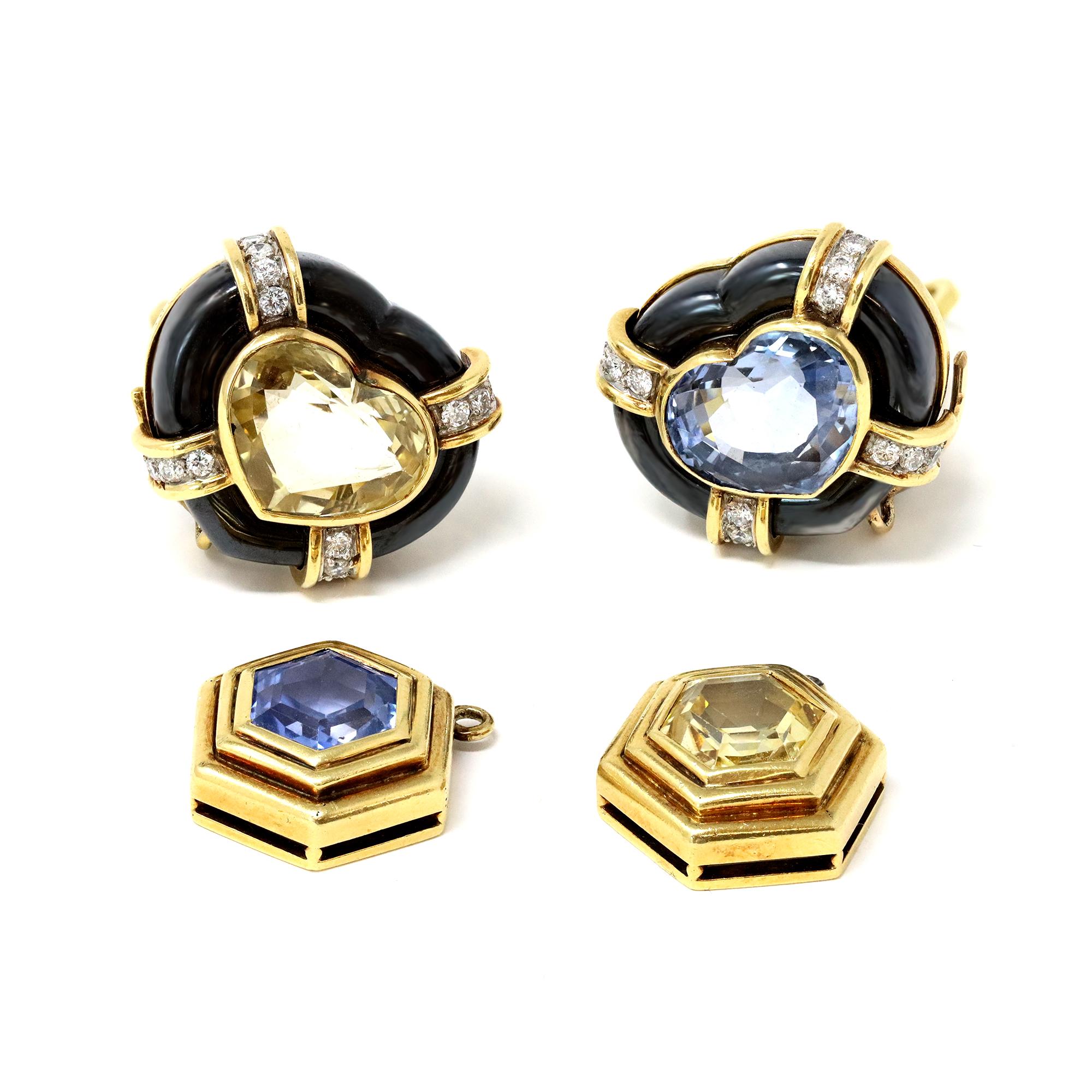 Mixed Cut Yellow and Blue Sapphire, Diamond and Hematite Day and Night Clip-on Earrings For Sale