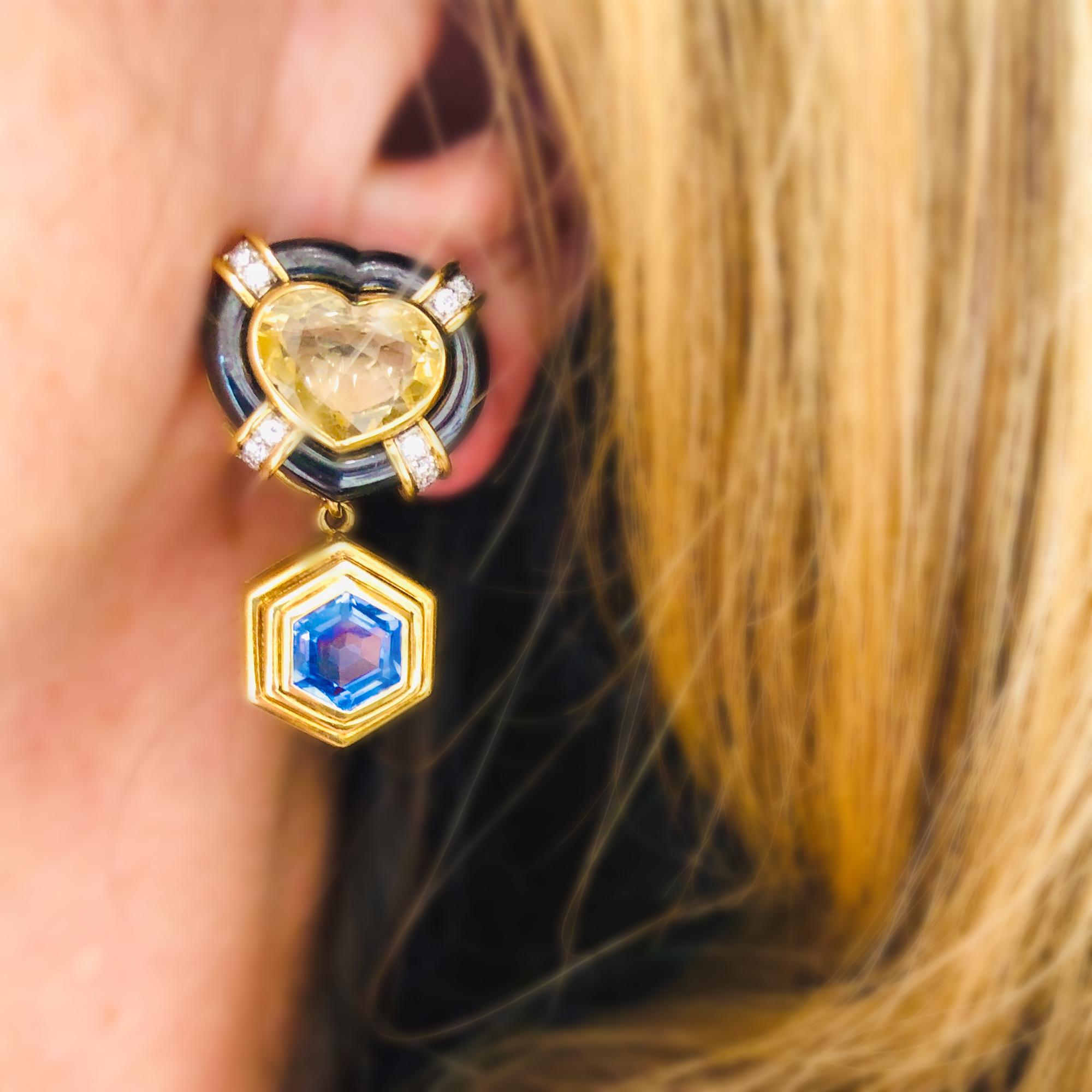 Yellow and Blue Sapphire, Diamond and Hematite Day and Night Clip-on Earrings For Sale 1