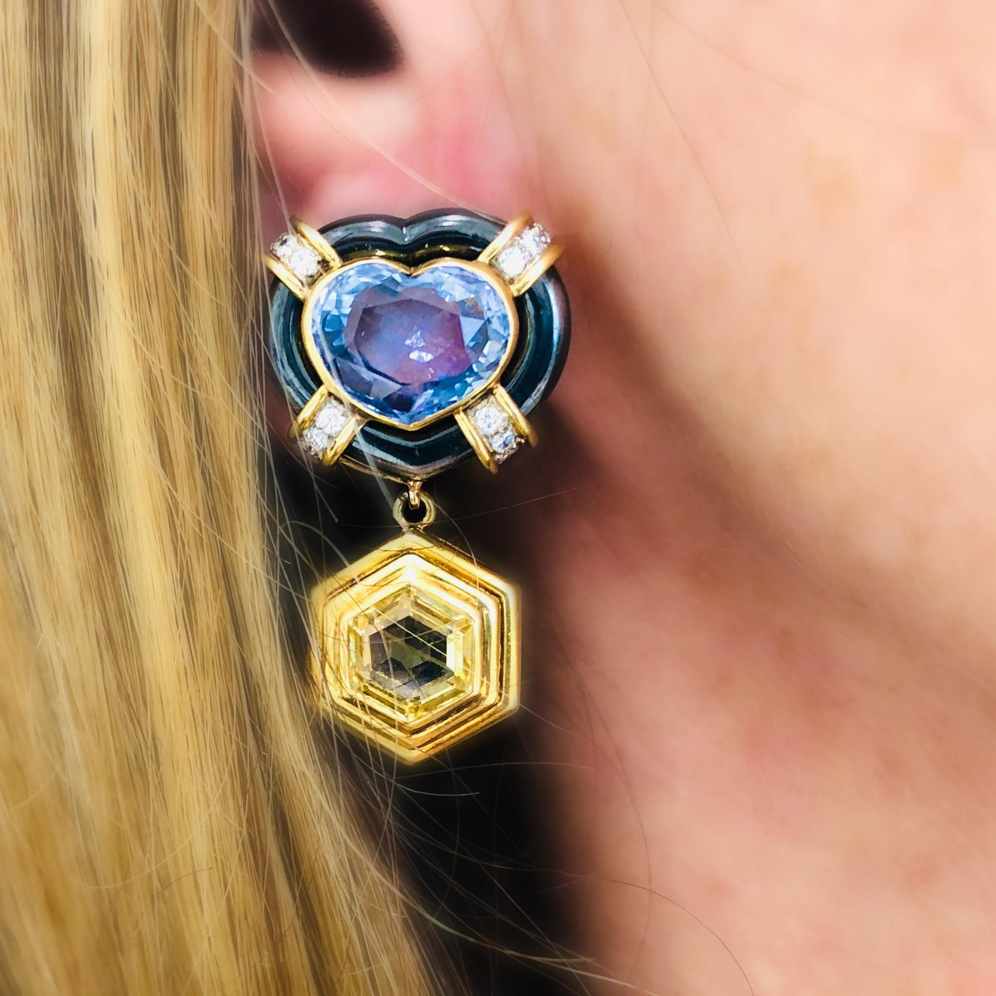 Yellow and Blue Sapphire, Diamond and Hematite Day and Night Clip-on Earrings For Sale 2