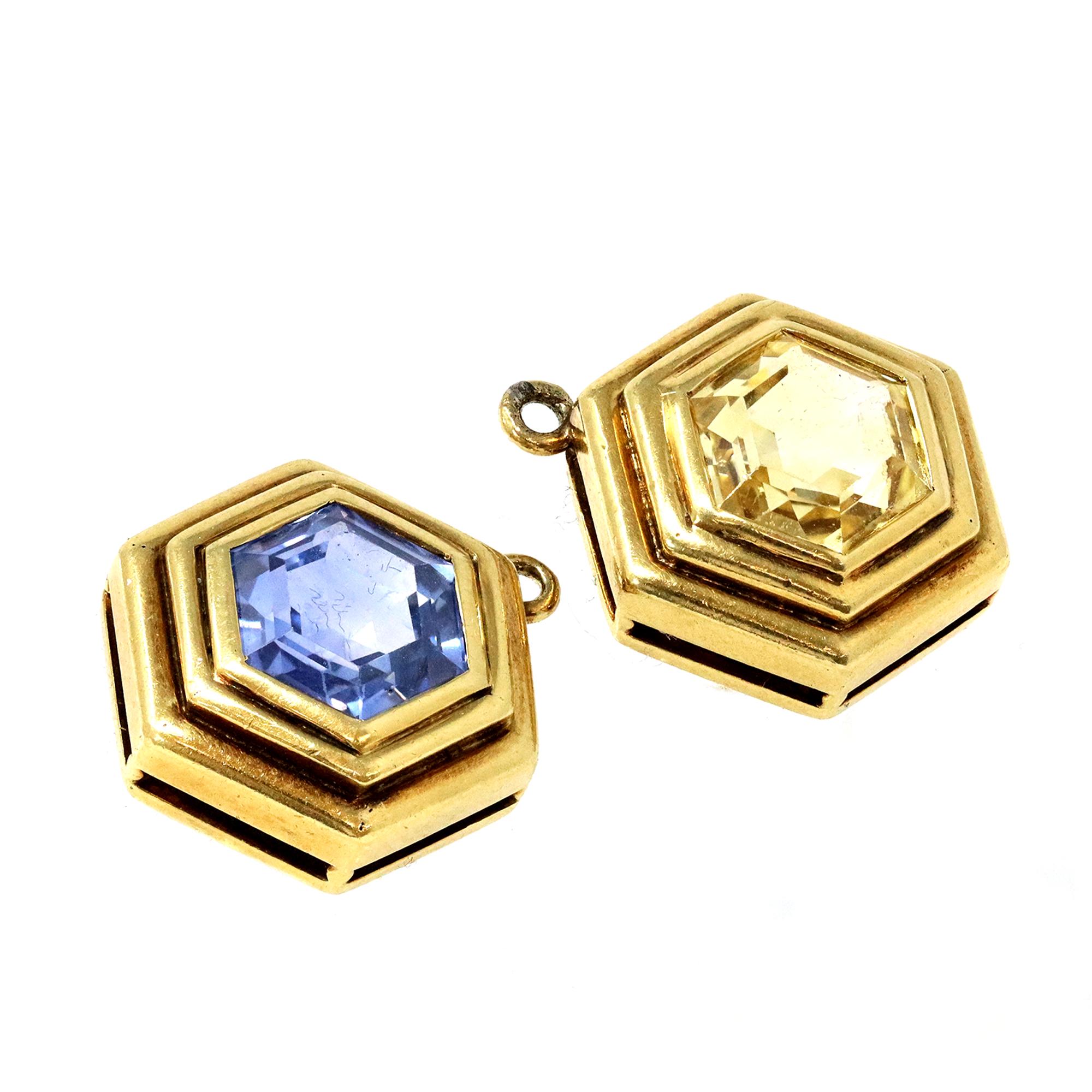 Yellow and Blue Sapphire, Diamond and Hematite Day and Night Clip-on Earrings In Excellent Condition For Sale In Miami, FL