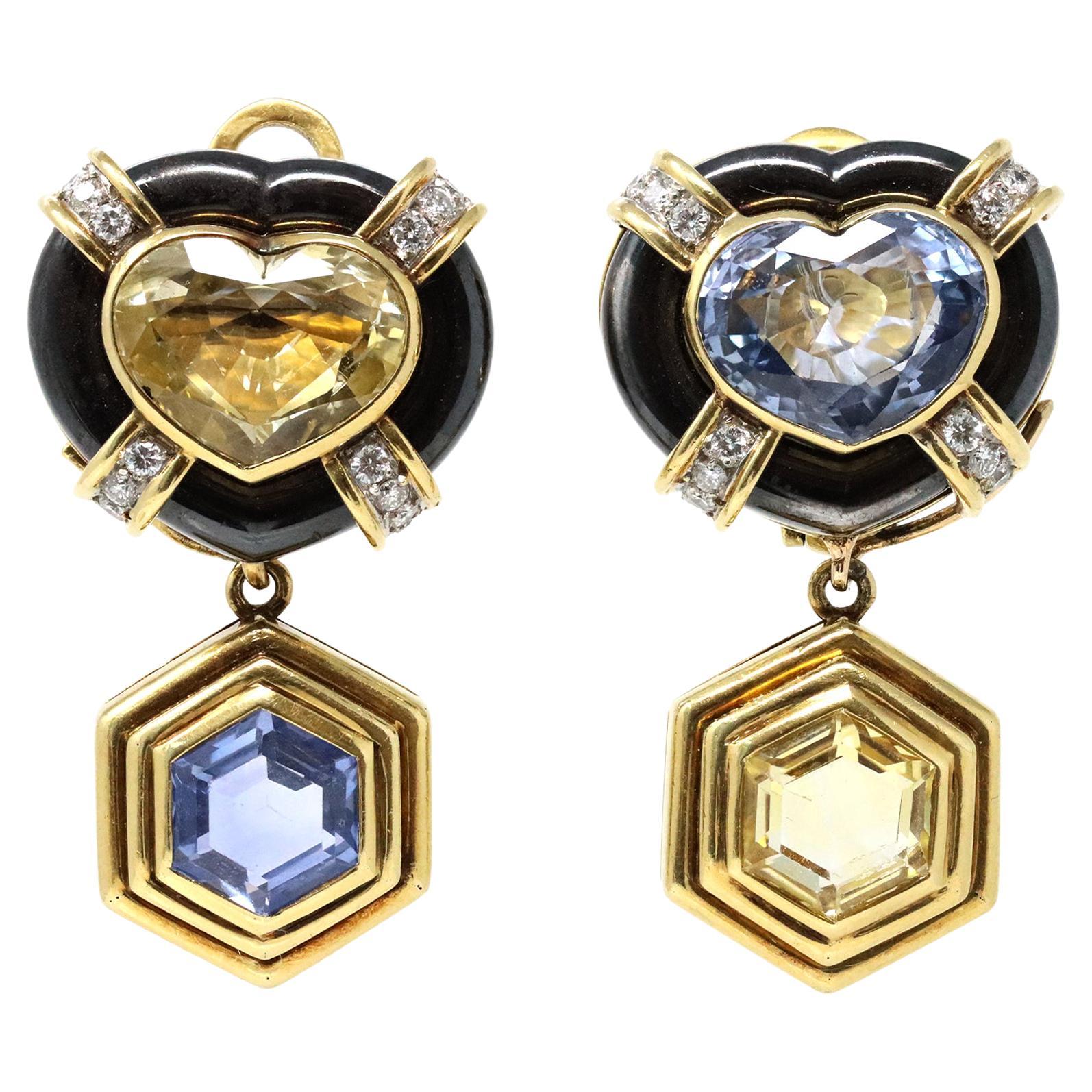 Yellow and Blue Sapphire, Diamond and Hematite Day and Night Clip-on Earrings For Sale