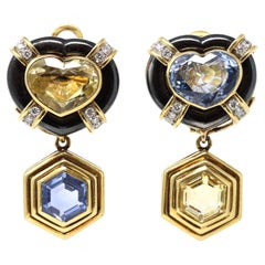Yellow and Blue Sapphire, Diamond and Hematite Day and Night Clip-on Earrings