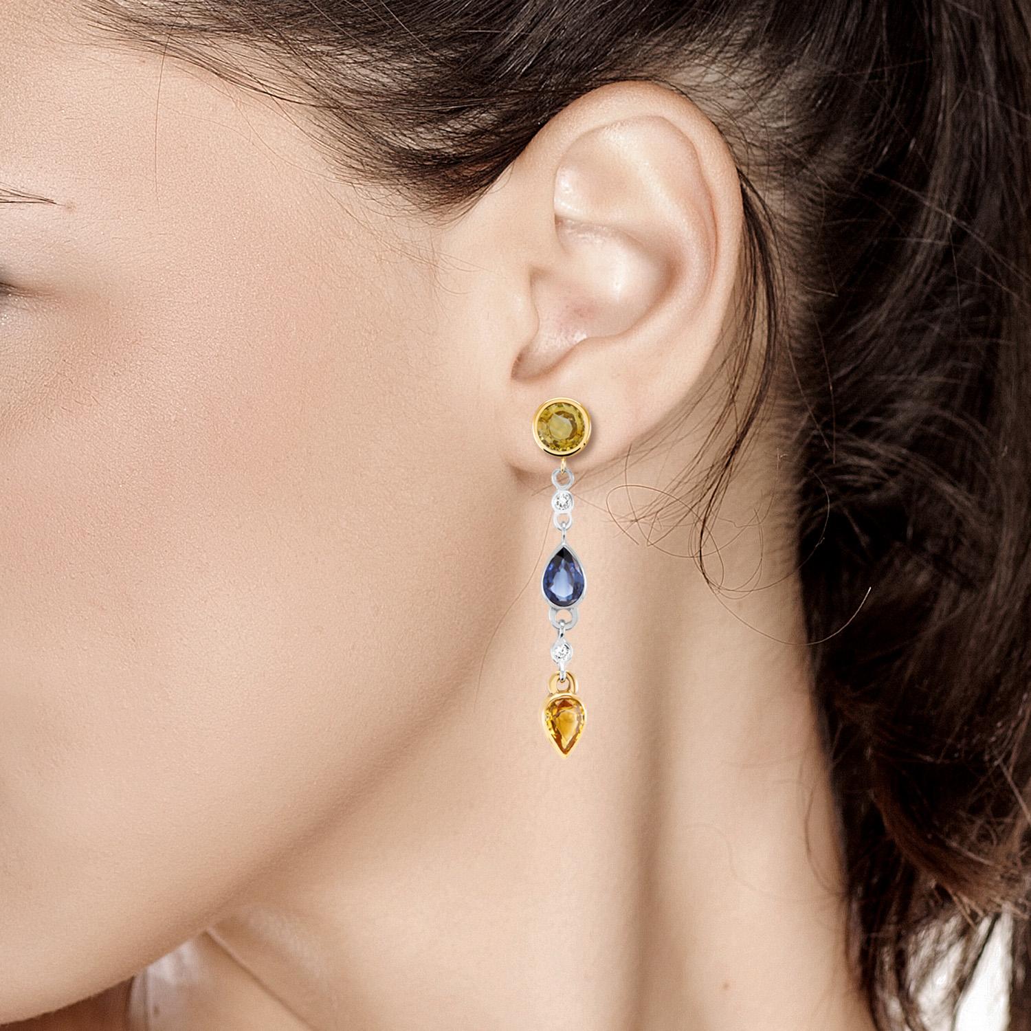 Pear Cut Yellow and Blue Sapphire Diamond Earrings Weighing 5.36 Carat 1.5 Inch Long