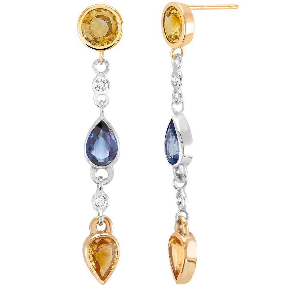 Yellow and Blue Sapphire Diamond Earrings Weighing 5.36 Carat 1.5 Inch Long