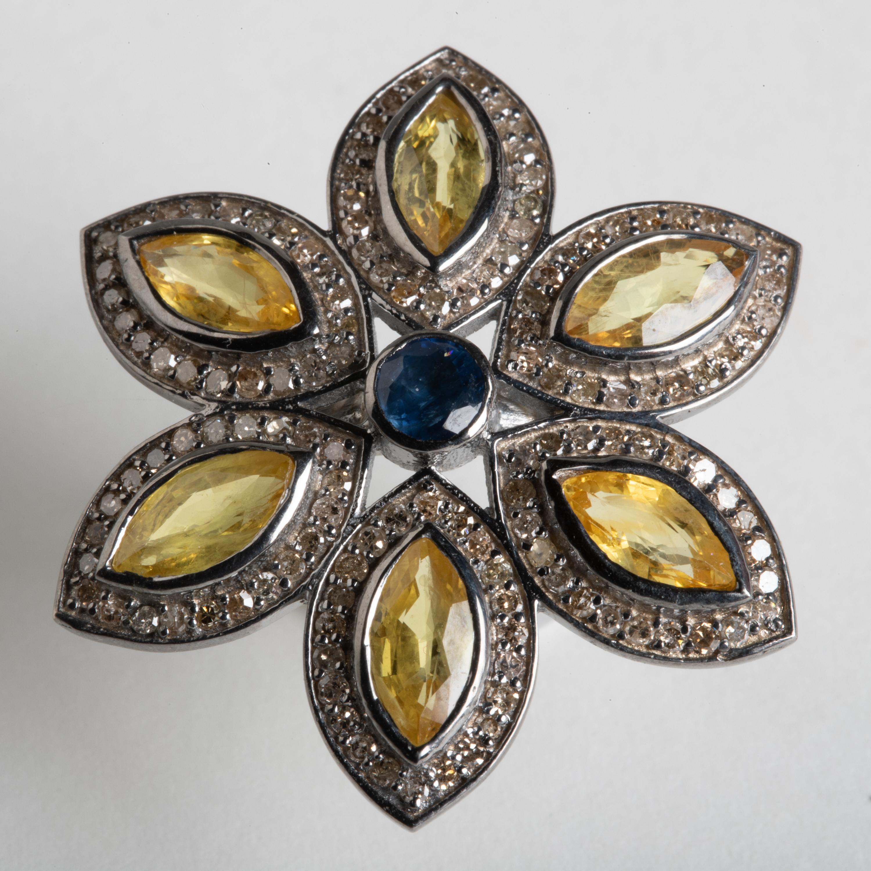 Yellow and Blue Sapphire, Diamond Flower Petal Cocktail Ring In Excellent Condition In Nantucket, MA