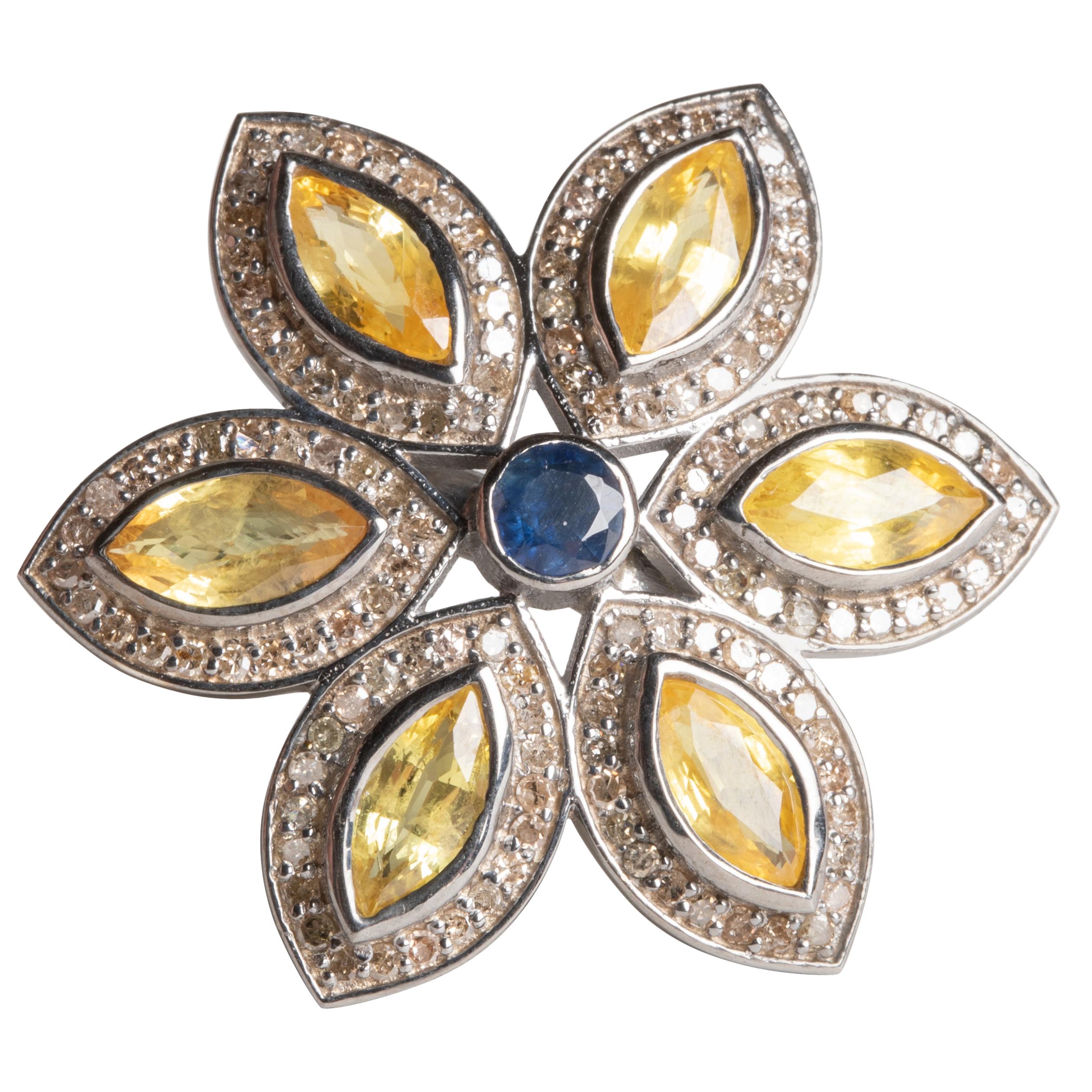 Yellow and Blue Sapphire, Diamond Flower Petal Cocktail Ring