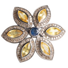 Yellow and Blue Sapphire, Diamond Flower Petal Cocktail Ring