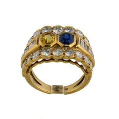 Yellow and Blue Sapphire Diamond Three Row Ring