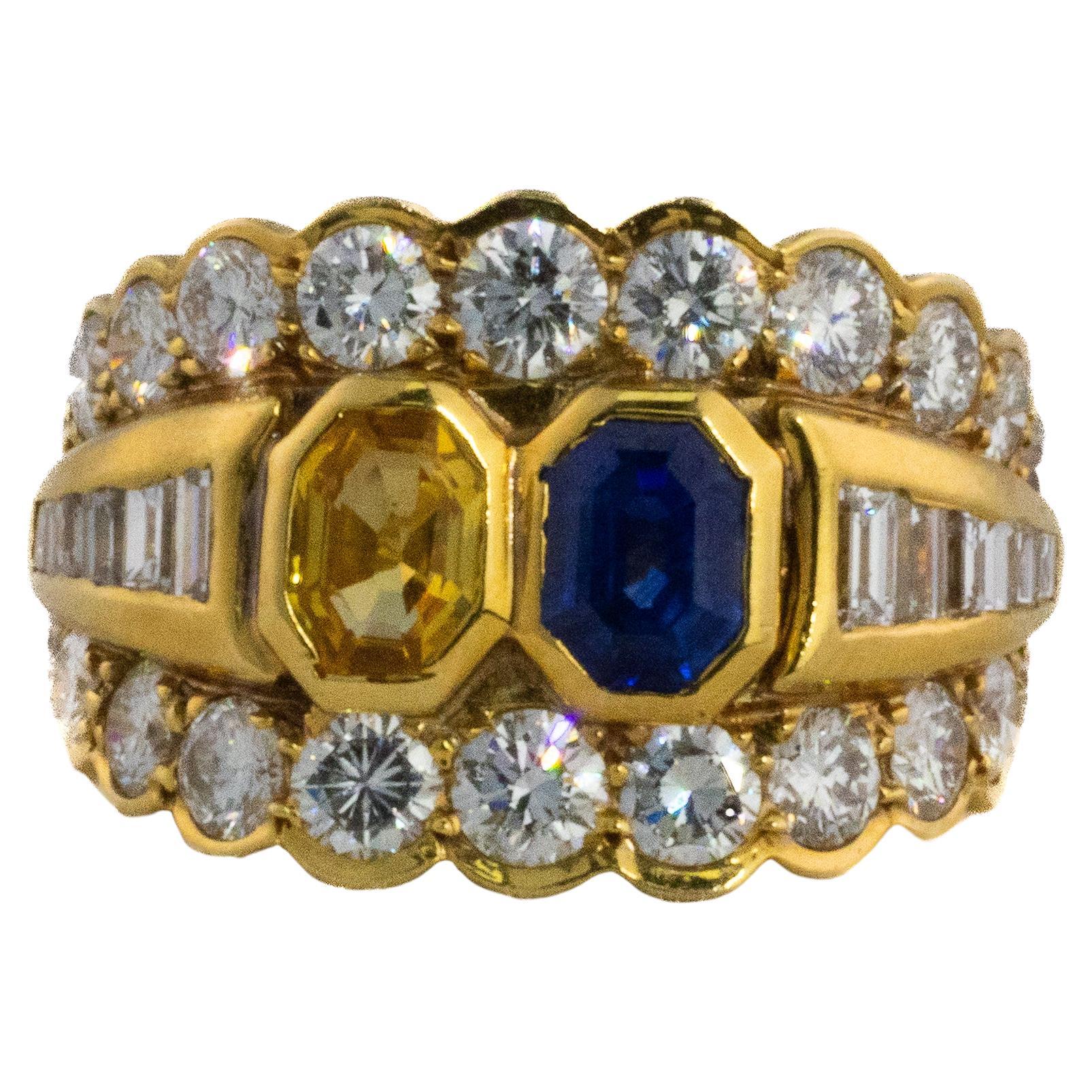Bague à trois rangs de diamants en saphir jaune et bleu