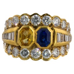 Bague à trois rangs de diamants en saphir jaune et bleu