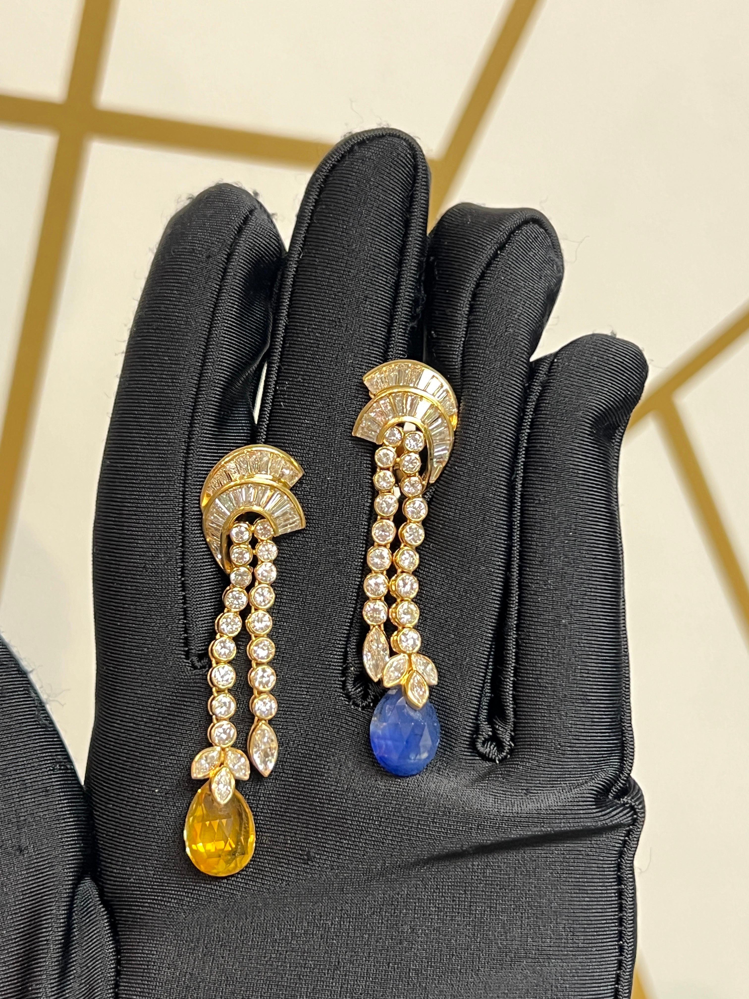 Yellow and Blue Sapphire Earrings In Excellent Condition For Sale In New York, NY