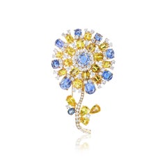 Yellow and Blue Sapphire Flower Brooch with Diamonds in Gold