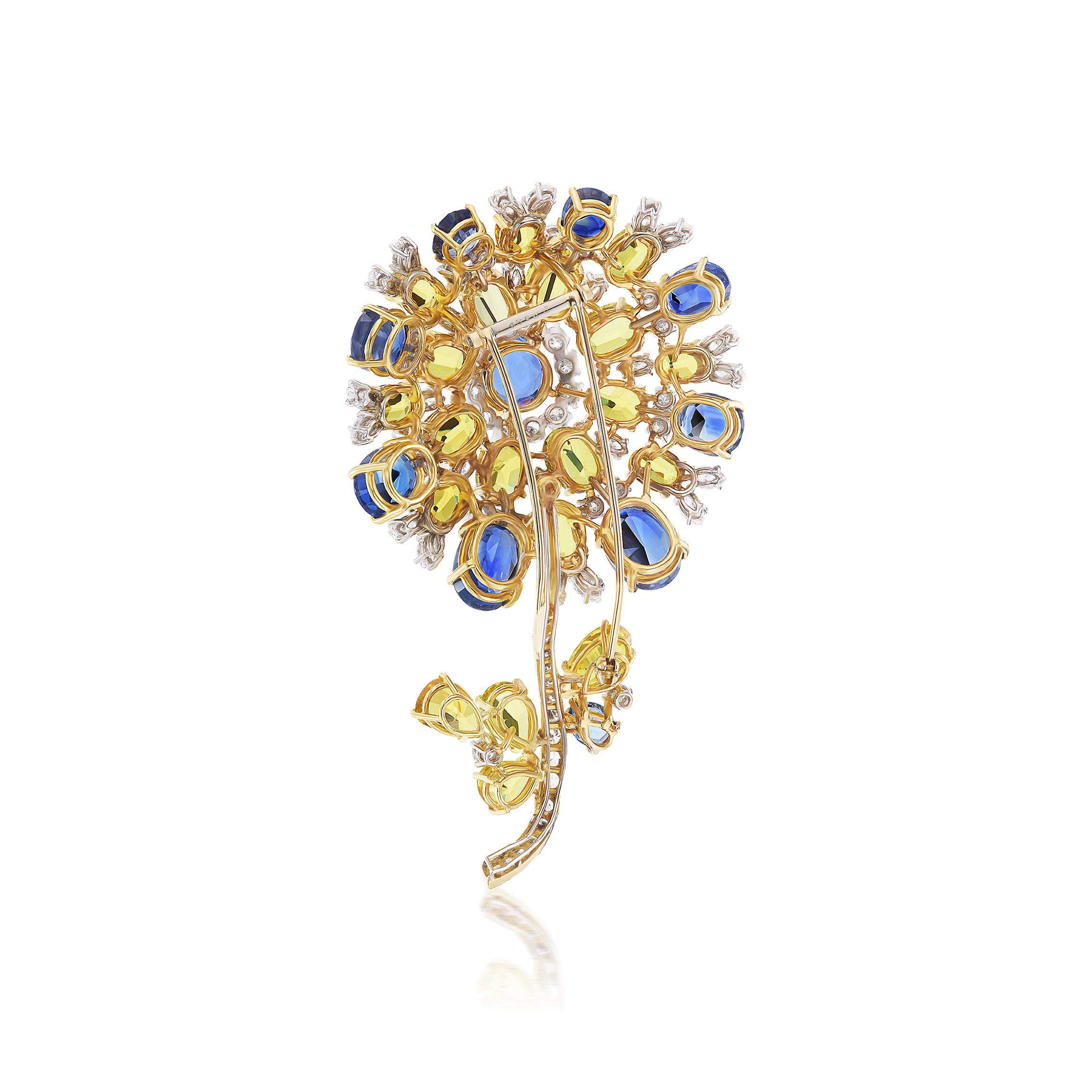 Retro Yellow and Blue Sapphire Flower Brooch with Diamonds in Gold For Sale