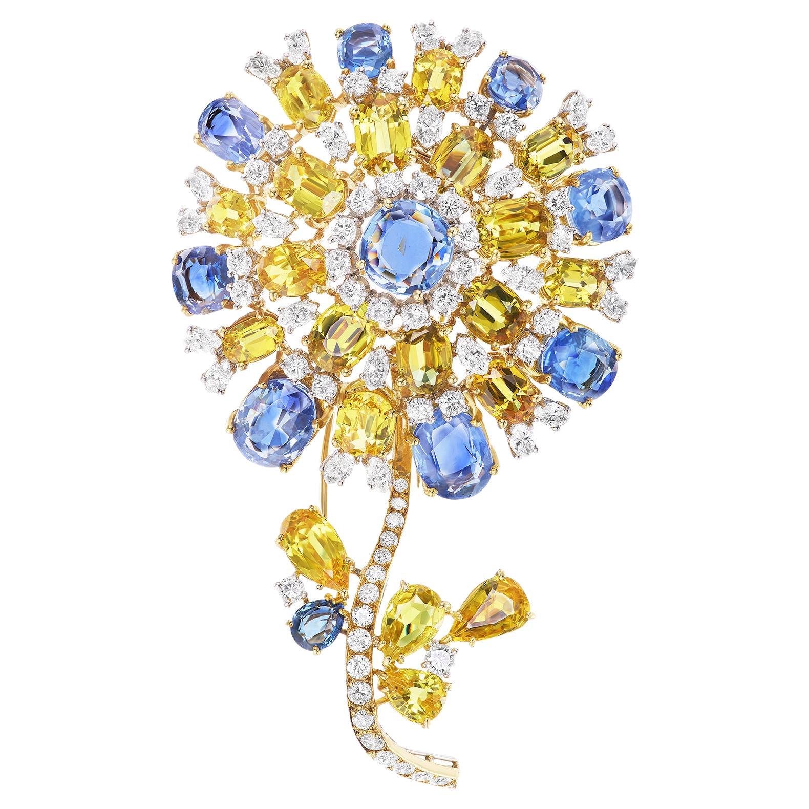 Yellow and Blue Sapphire Flower Brooch with Diamonds in Gold For Sale