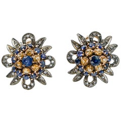 Pendientes de zafiros amarillos y azules, diamantes, oro rosa y plata