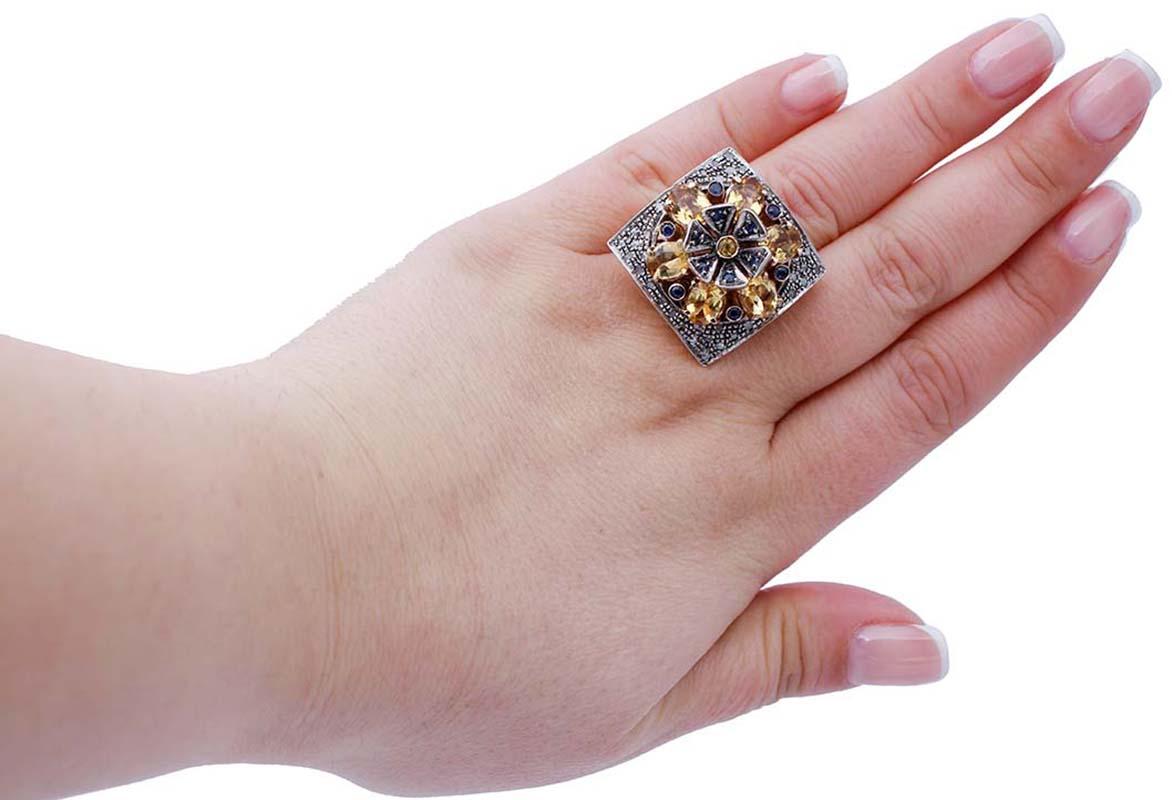 Yellow and Blue Sapphires, Diamonds, Rose Gold and Silver Retrò Ring In Good Condition In Marcianise, Marcianise (CE)