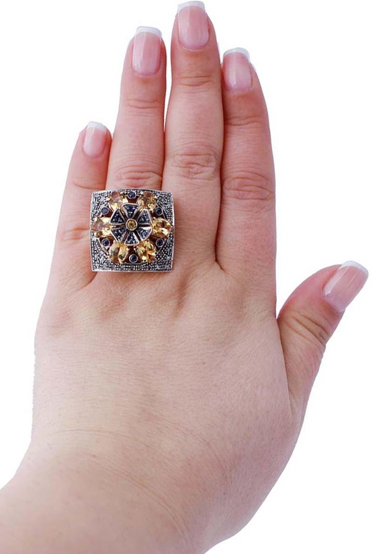 Mixed Cut Yellow and Blue Sapphires, Diamonds, Rose Gold and Silver Retrò Ring For Sale