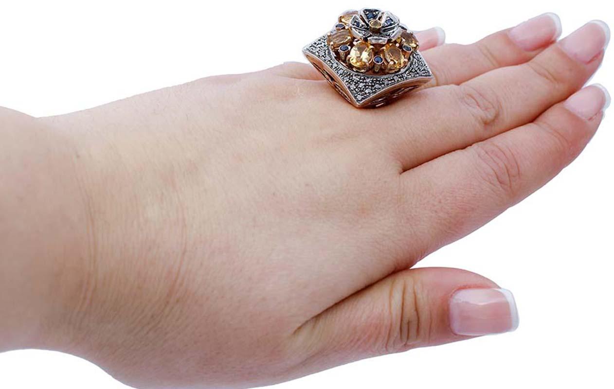 Women's Yellow and Blue Sapphires, Diamonds, Rose Gold and Silver Retrò Ring
