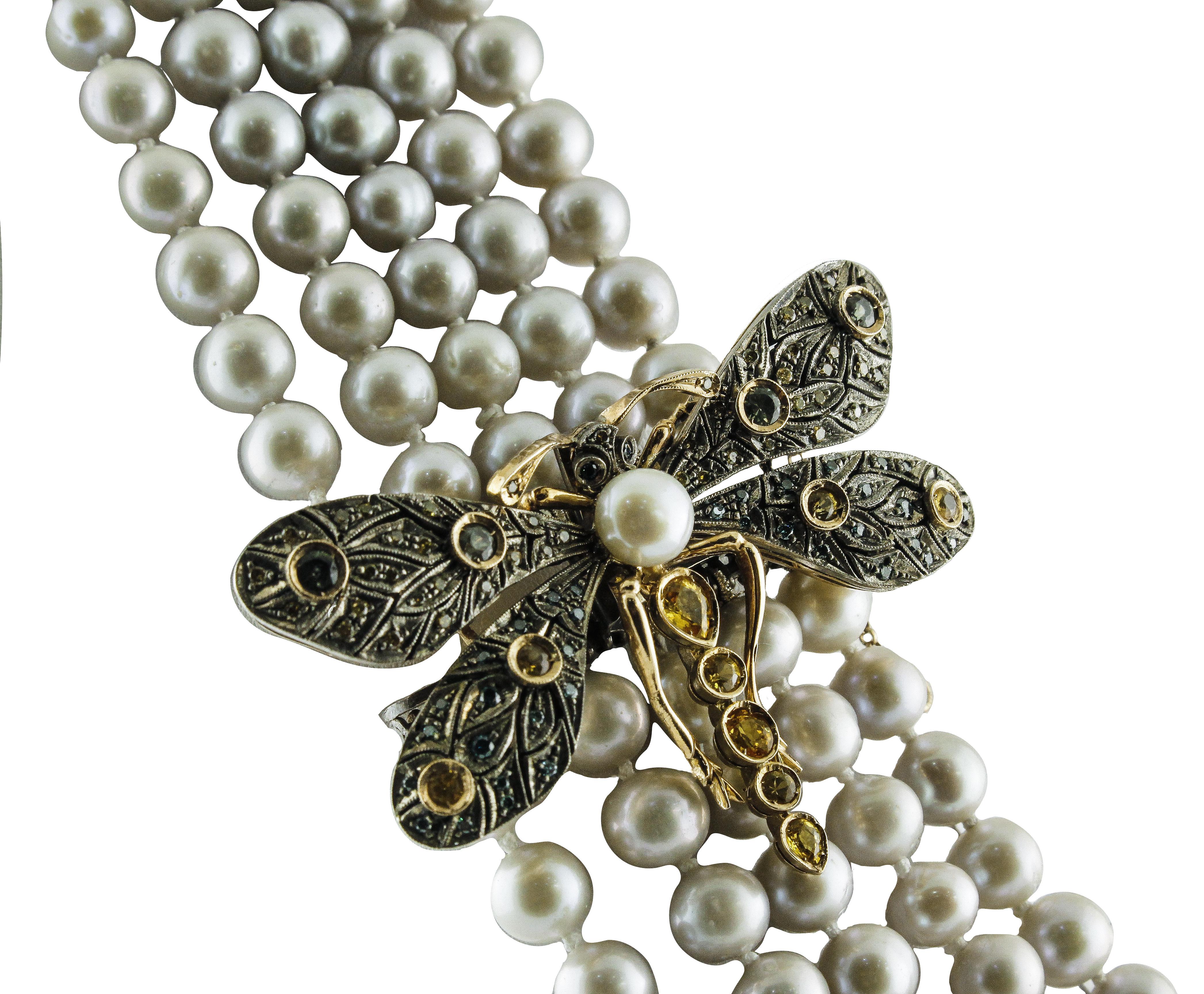 Halskette aus Roségold und Silber mit gelben und blauen Saphiren, Perlen und Diamanten (Retro) im Angebot