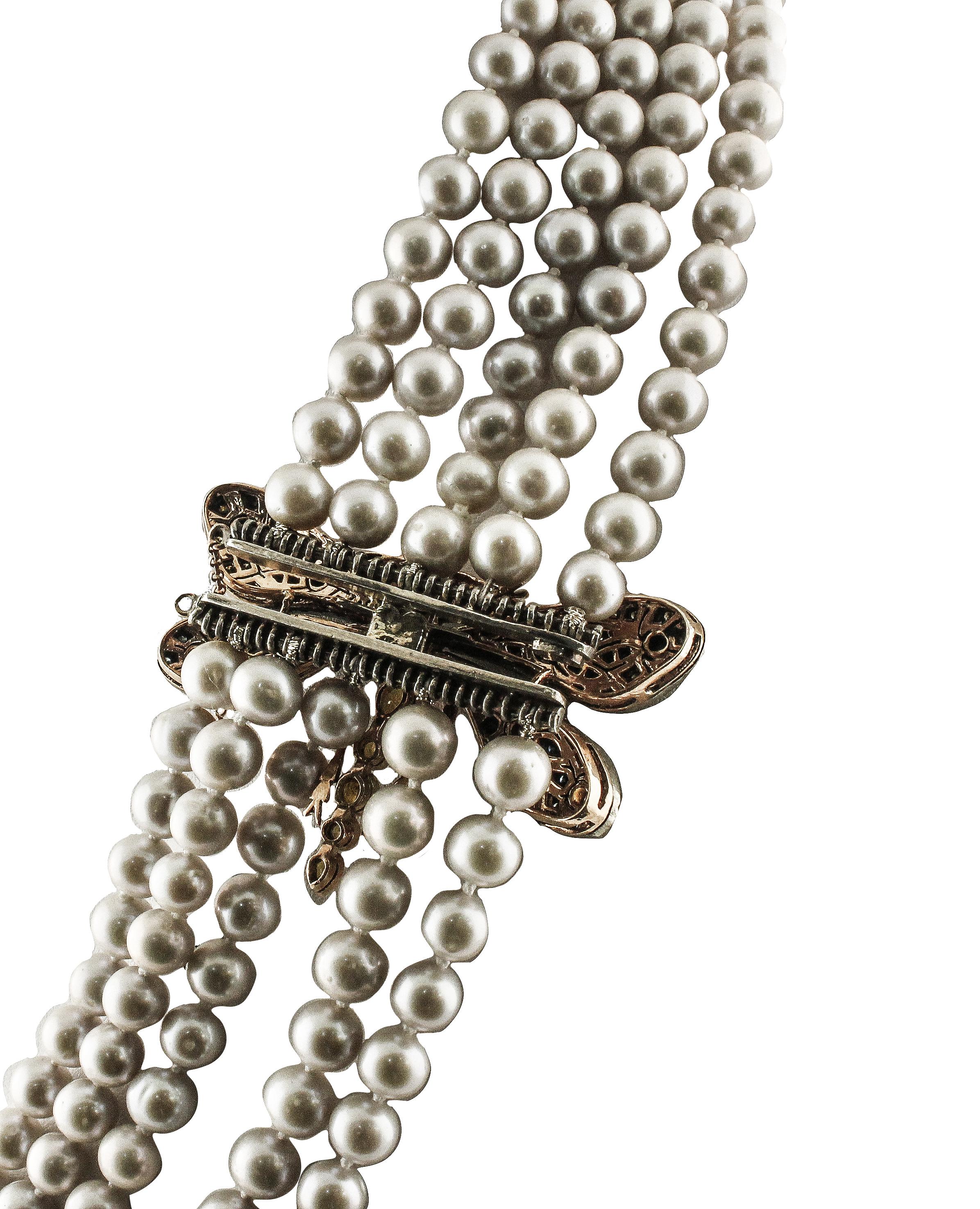 Halskette aus Roségold und Silber mit gelben und blauen Saphiren, Perlen und Diamanten im Zustand „Gut“ im Angebot in Marcianise, Marcianise (CE)