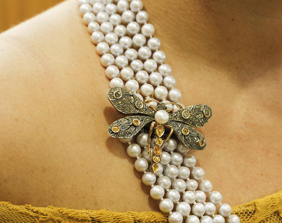 Halskette aus Roségold und Silber mit gelben und blauen Saphiren, Perlen und Diamanten im Angebot 2
