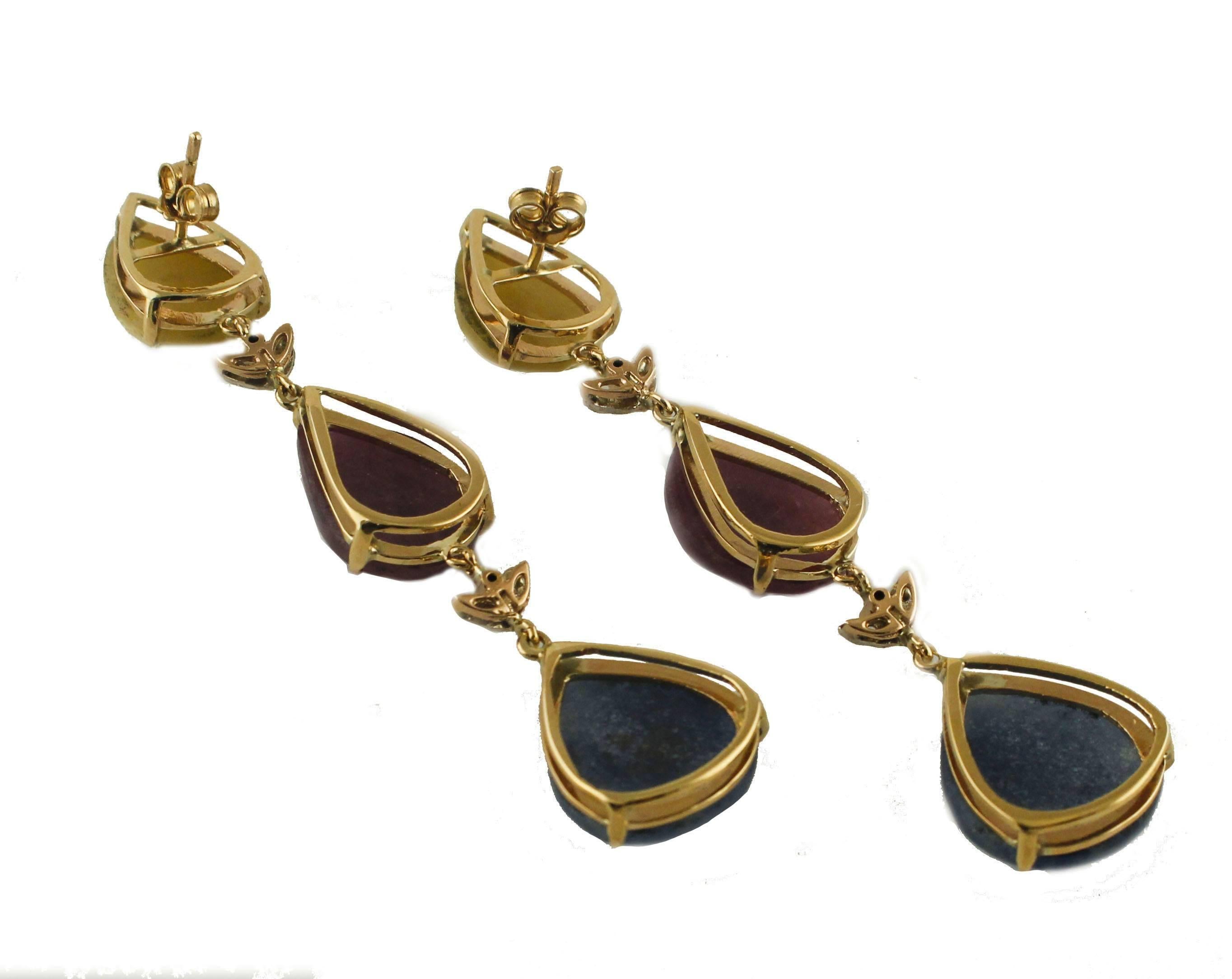 Yellow and Blue Sapphires, Rubies, Tsavorites, Diamonds Rose Gold Drop Earrings In Good Condition In Marcianise, Marcianise (CE)
