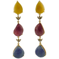 Yellow and Blue Sapphires, Rubies, Tsavorites, Diamonds Rose Gold Drop Earrings