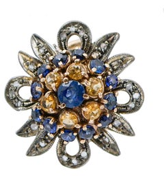 Yellow and Blue Sapphires, Diamonds, Rose Gold and Silver Earrings