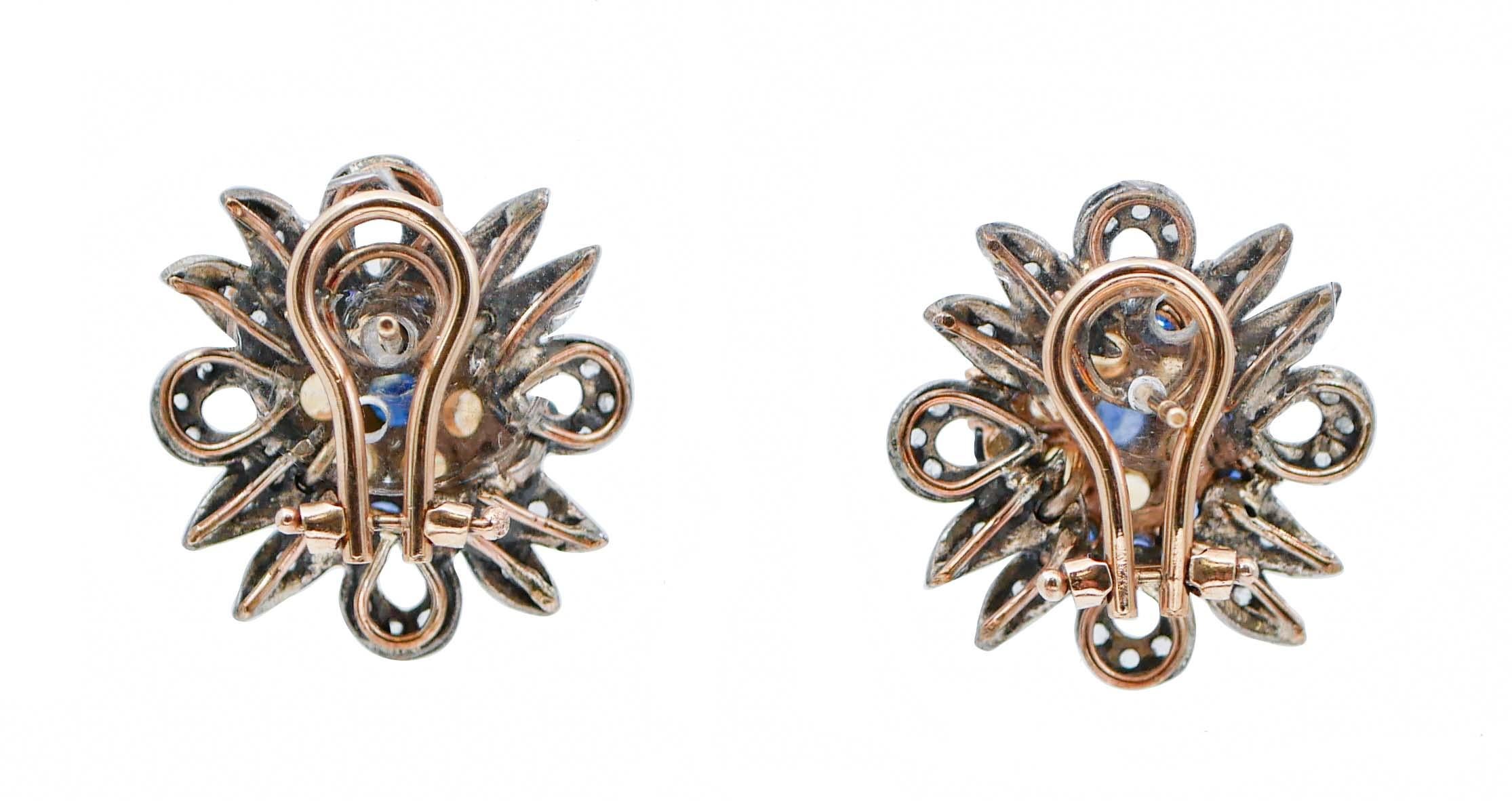 Retro Yellow and Blue Sapphires, Diamonds, Rose Gold and Silver Earrings For Sale