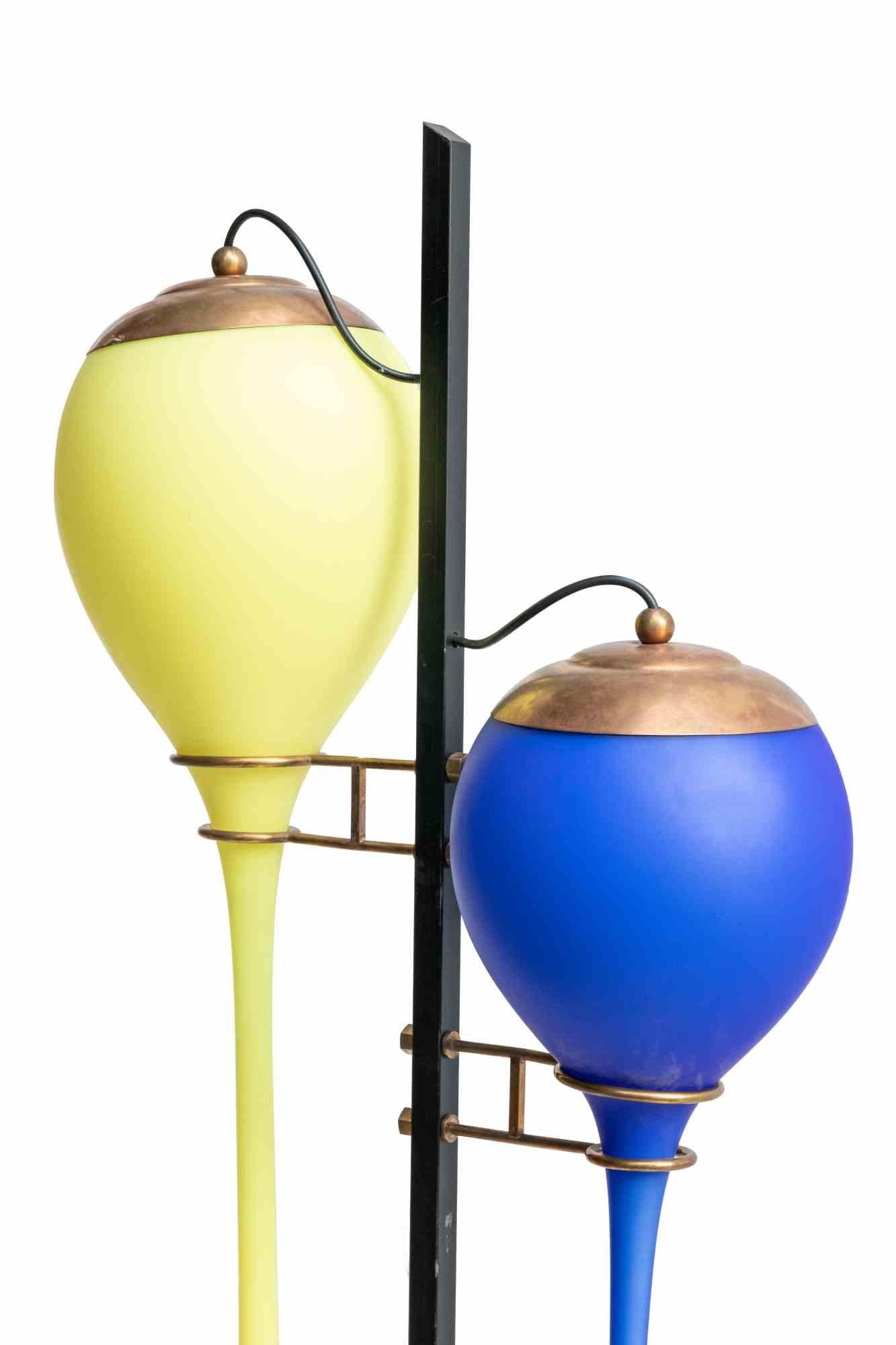Marble Yellow and Blue Stilnovo Lamp, Mid-20th Century For Sale
