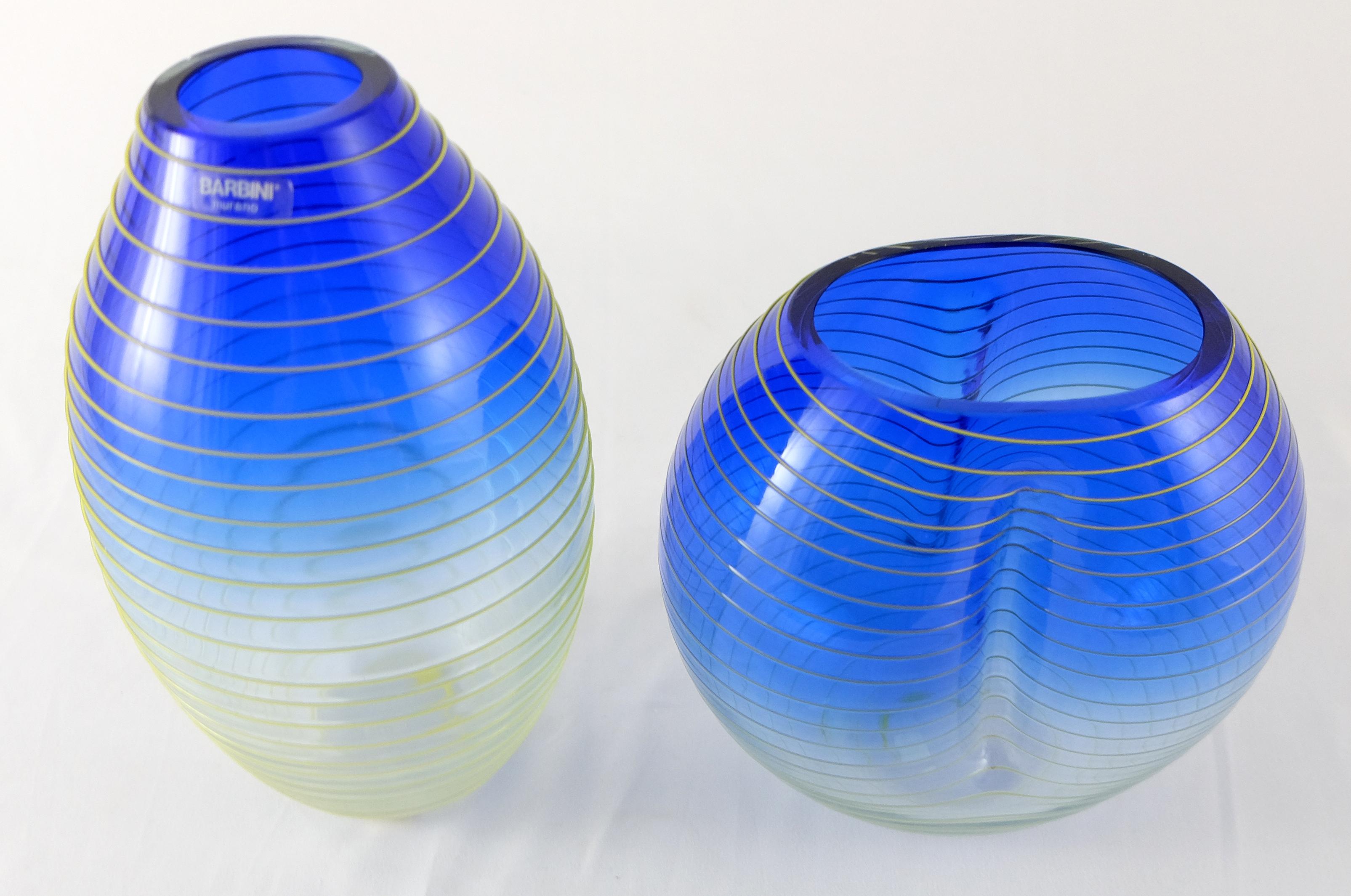 Italian Barbini Murano Yellow and Blue Stripe Glass Vase Set
