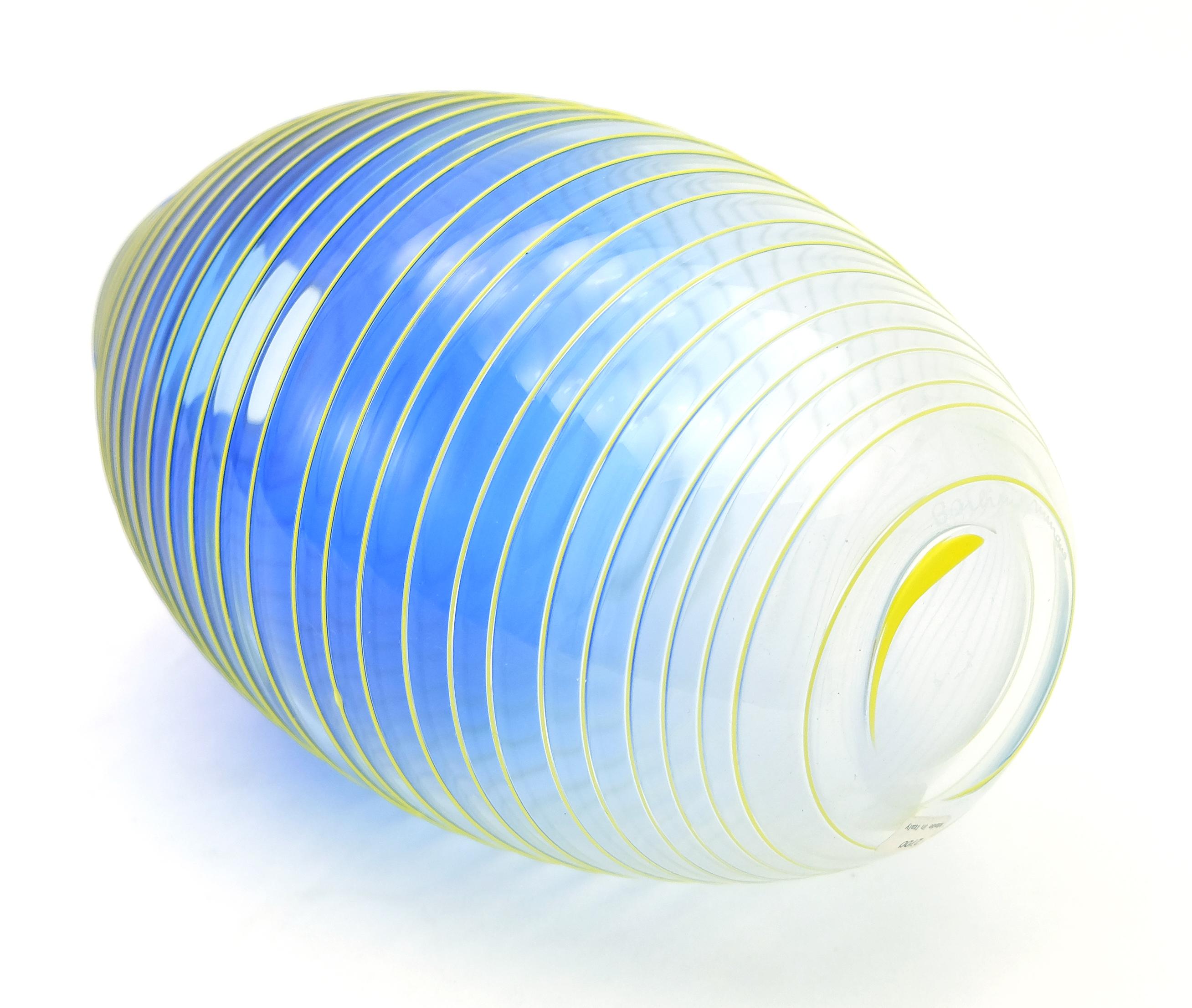Contemporary Barbini Murano Yellow and Blue Stripe Glass Vase Set