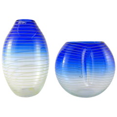 Barbini Murano Yellow and Blue Stripe Glass Vase Set