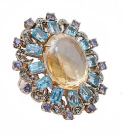 Yellow and Blue Topazs, Tanzanite, Diamonds, Rose Gold and Silver Ring.