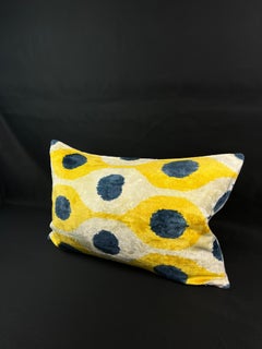 Yellow and Blue Velvet Silk Ikat Pillow Cover