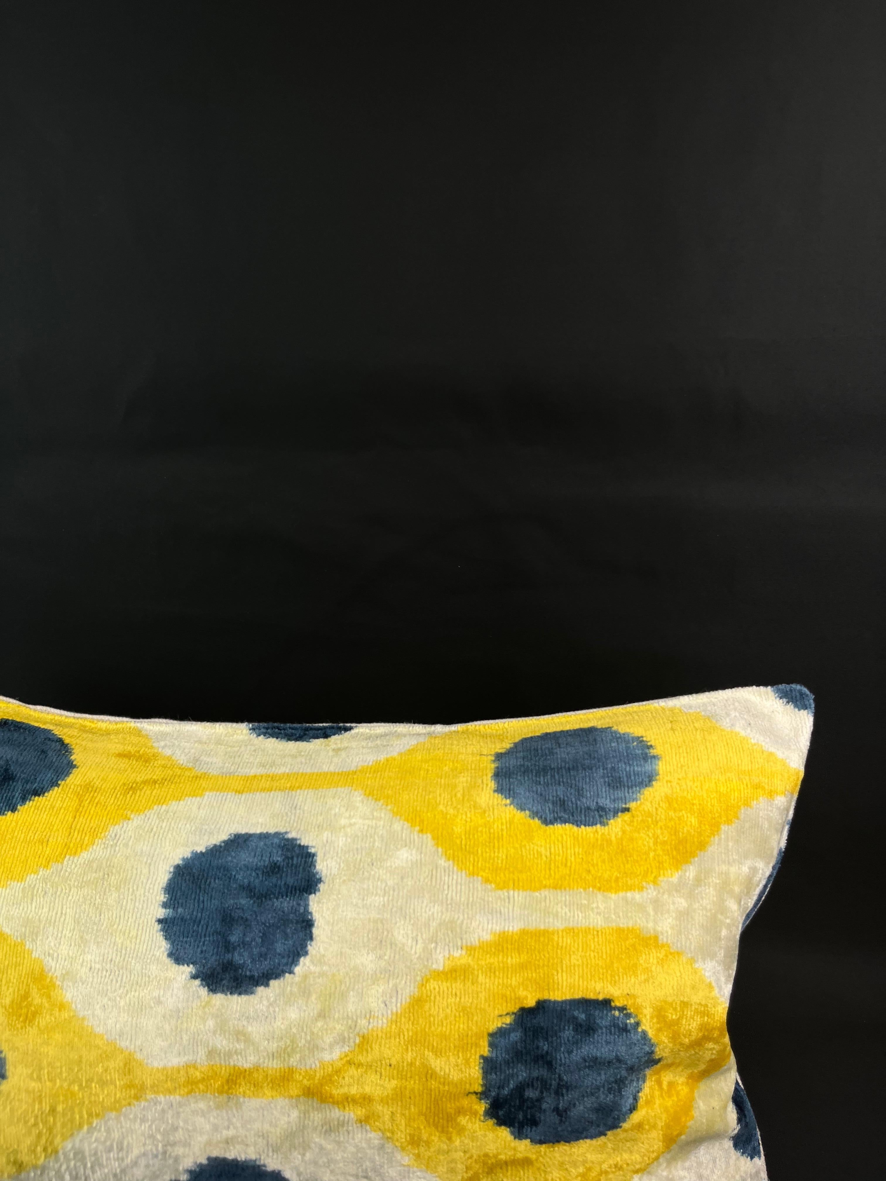 Modern Yellow and Blue Velvet Silk Ikat Pillow Cover For Sale