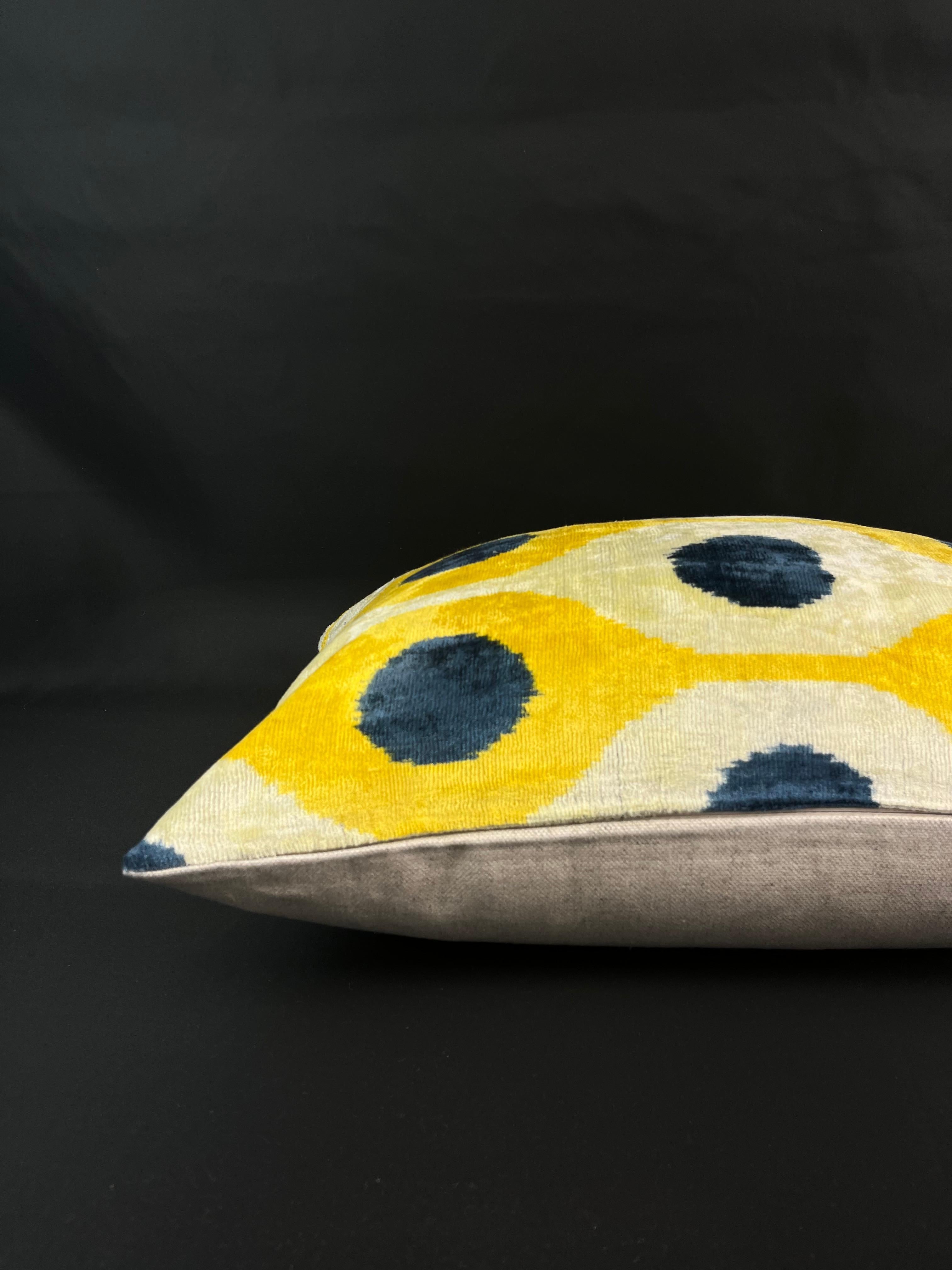 Turkish Yellow and Blue Velvet Silk Ikat Pillow Cover For Sale