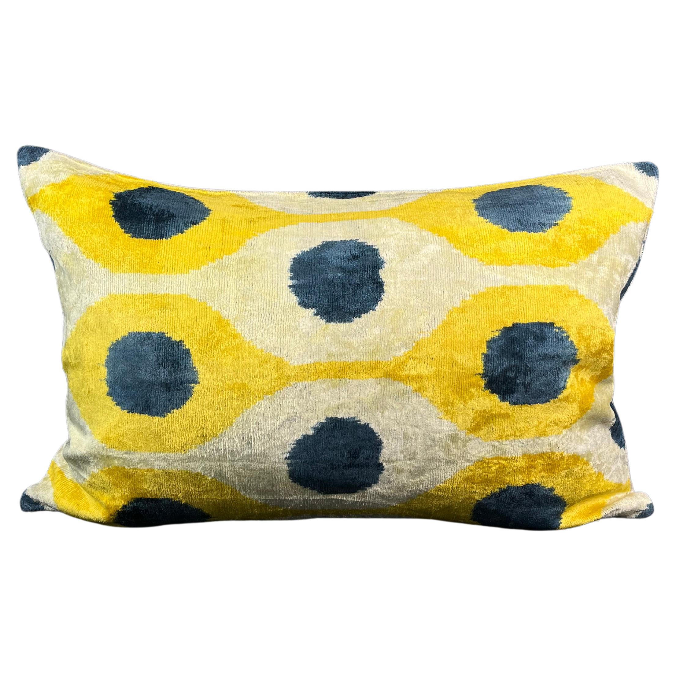 Yellow and Blue Velvet Silk Ikat Pillow Cover For Sale