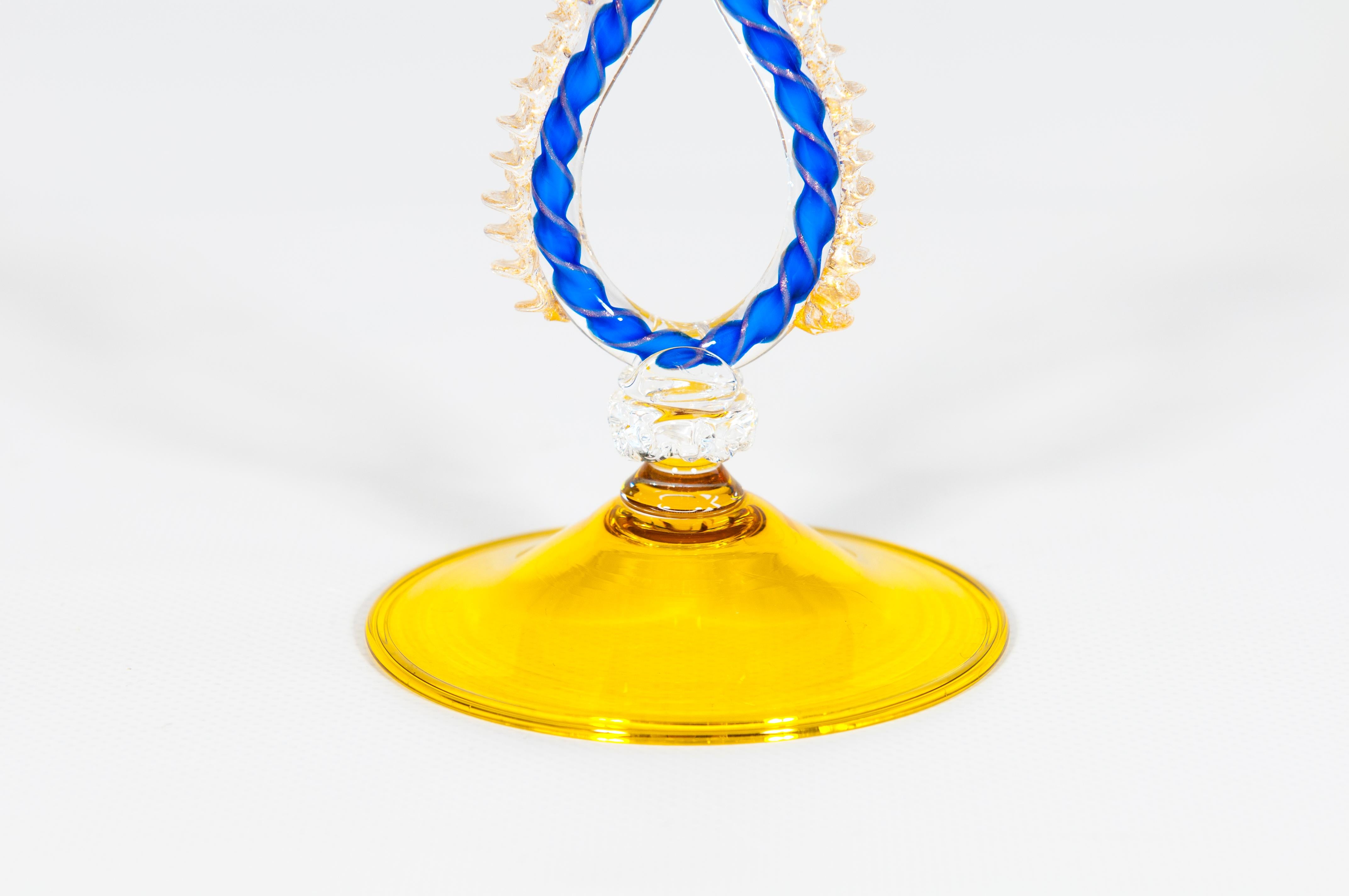 Mid-Century Modern Yellow and Blue Venetian Goblet with Gold Finishes in Murano Glass, Italy, 1990s