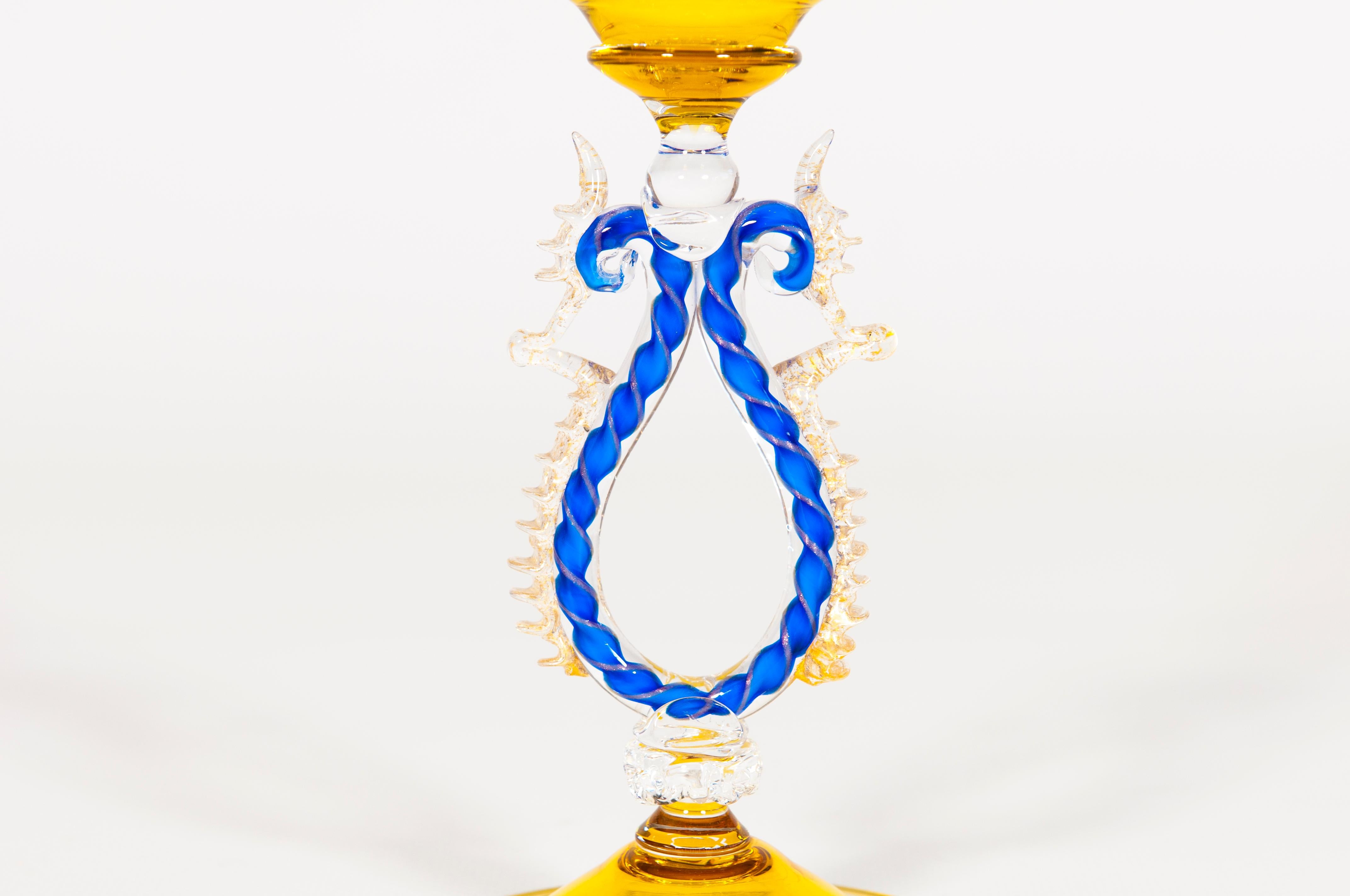Italian Yellow and Blue Venetian Goblet with Gold Finishes in Murano Glass, Italy, 1990s