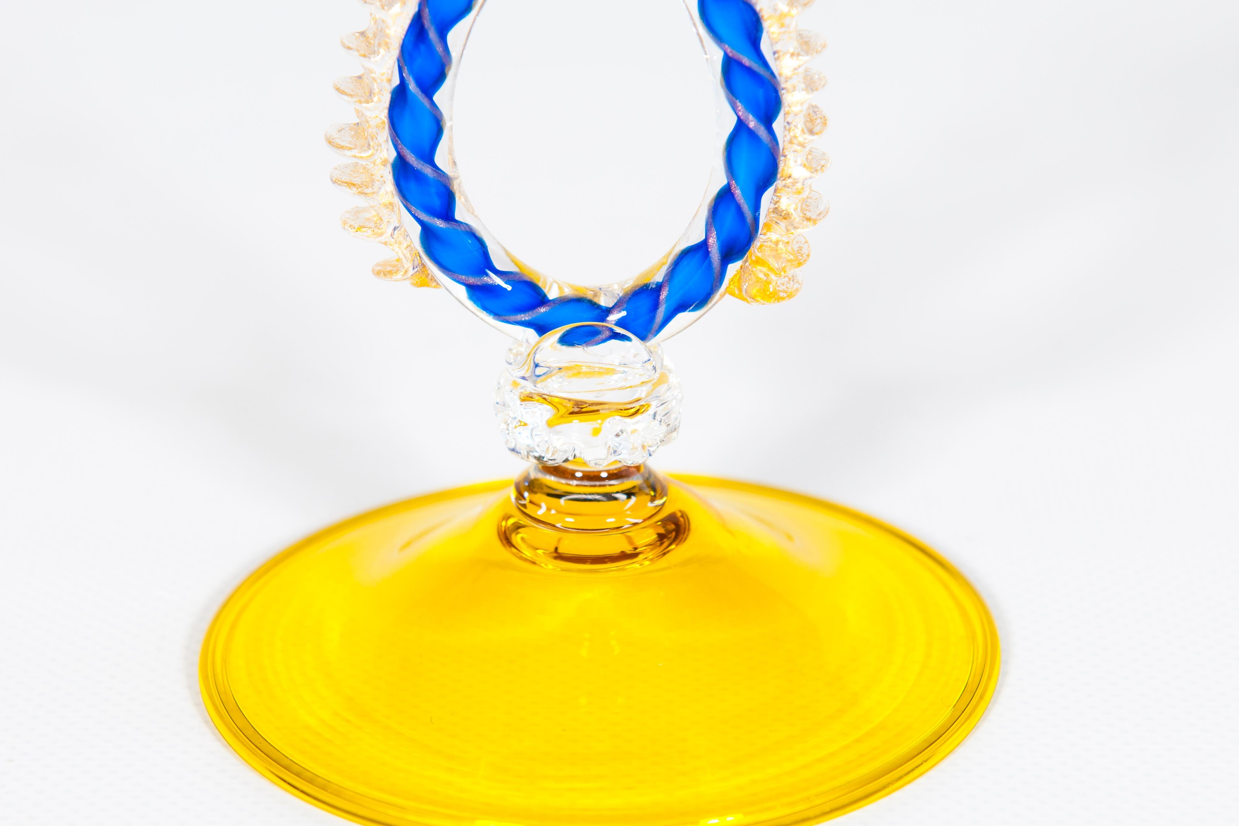 Yellow and Blue Venetian Goblet with Gold Finishes in Murano Glass, Italy, 1990s In Excellent Condition In Villaverla, IT