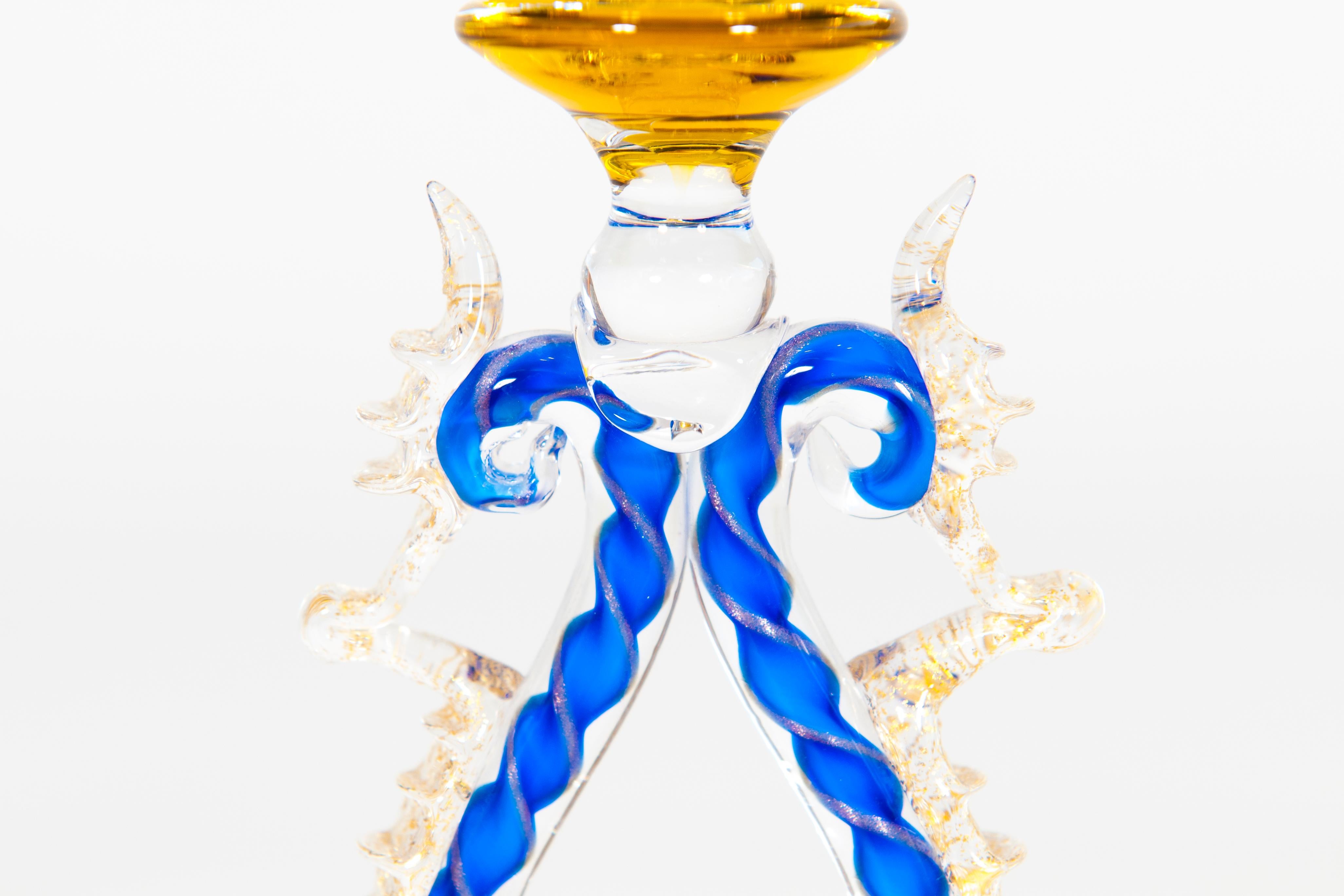 Late 20th Century Yellow and Blue Venetian Goblet with Gold Finishes in Murano Glass, Italy, 1990s