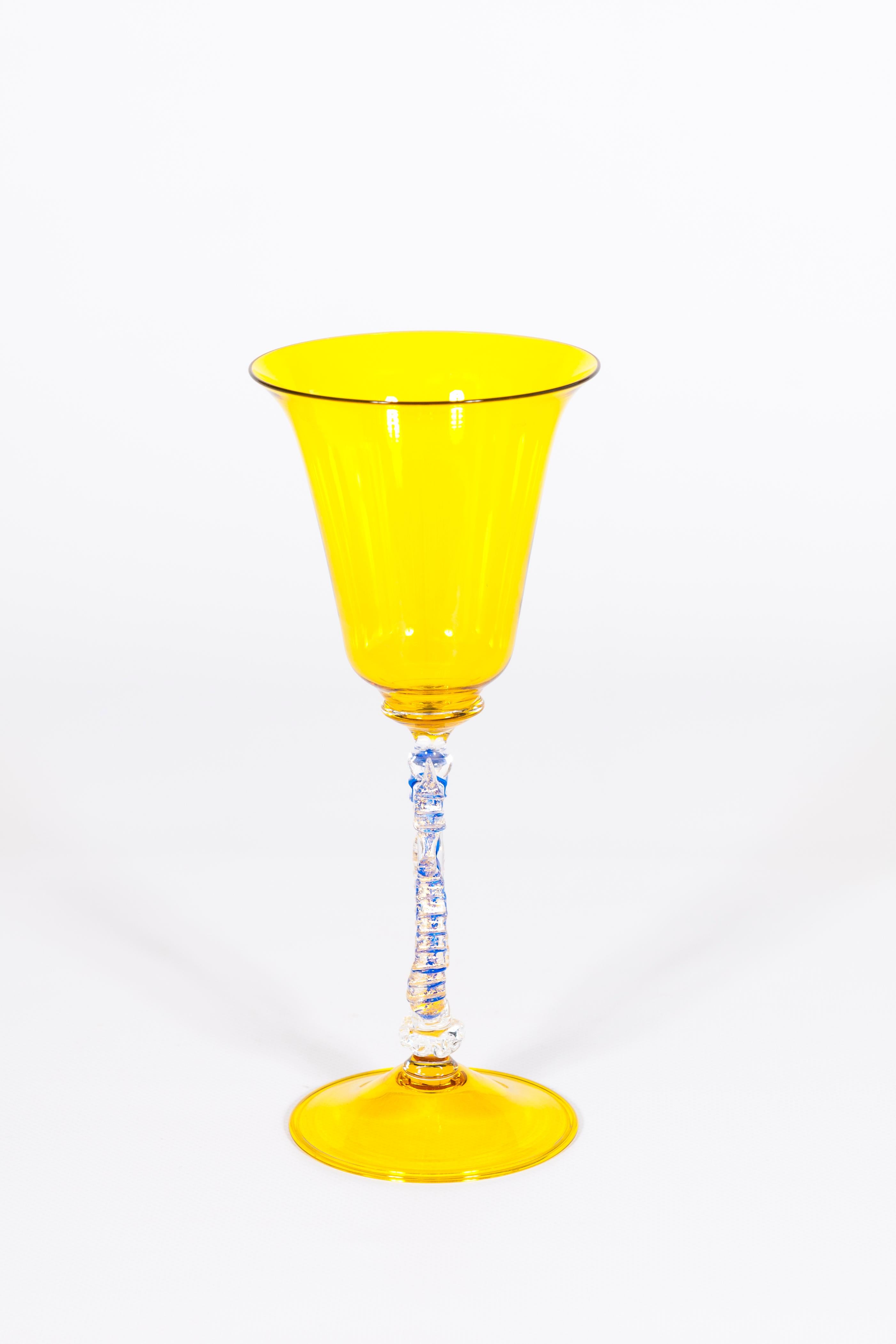 Yellow and Blue Venetian Goblet with Gold Finishes in Murano Glass, Italy, 1990s 1