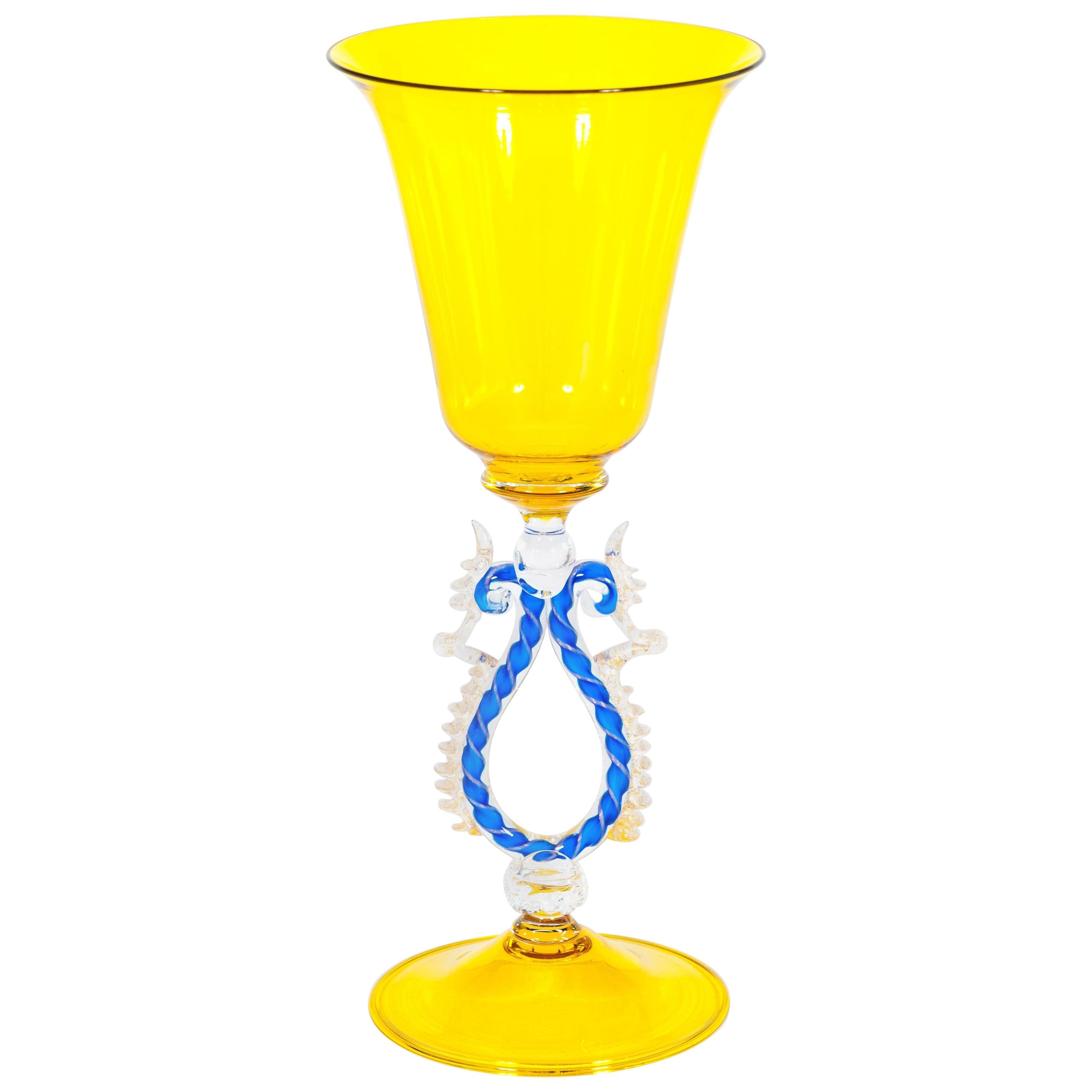 Yellow and Blue Venetian Goblet with Gold Finishes in Murano Glass, Italy, 1990s