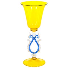 Yellow and Blue Venetian Goblet with Gold Finishes in Murano Glass, Italy, 1990s