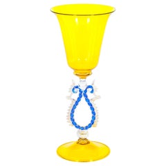 Vintage Yellow and Blue Venetian Goblet with Gold Finishes in Murano Glass, Italy, 1990s