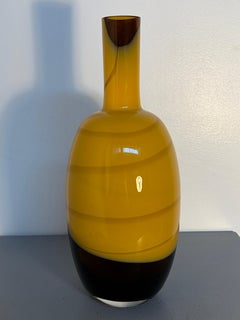 Yellow and Brown Art Glass Bottle Vase with Layered Color Decoration